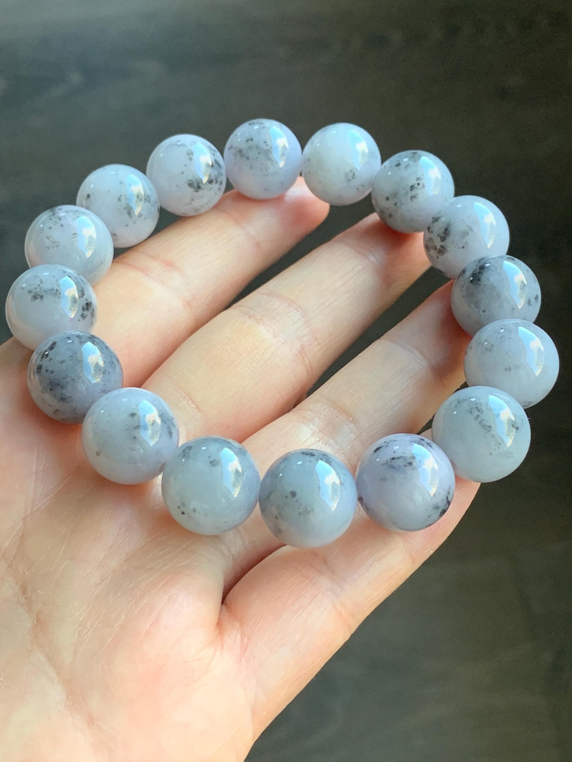 Certified Natural Burmese Icy Translucent Wuji Marbled Jadeite Beaded Bracelet 13.5mm 8” 69.7g 天然缅甸大卡乌鸡芝麻糊翡翠手串 4101