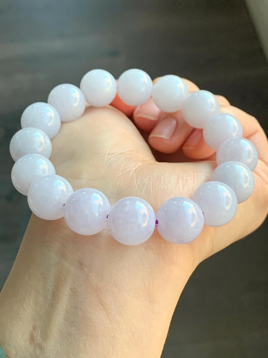 Certified Natural Burmese Icy Translucent White Jadeite Light Lavender Undertone Beads Beaded Bracelet 13.4mm 8” 68.9g 天然缅甸冰胶紫底翡翠大卡手串 4100