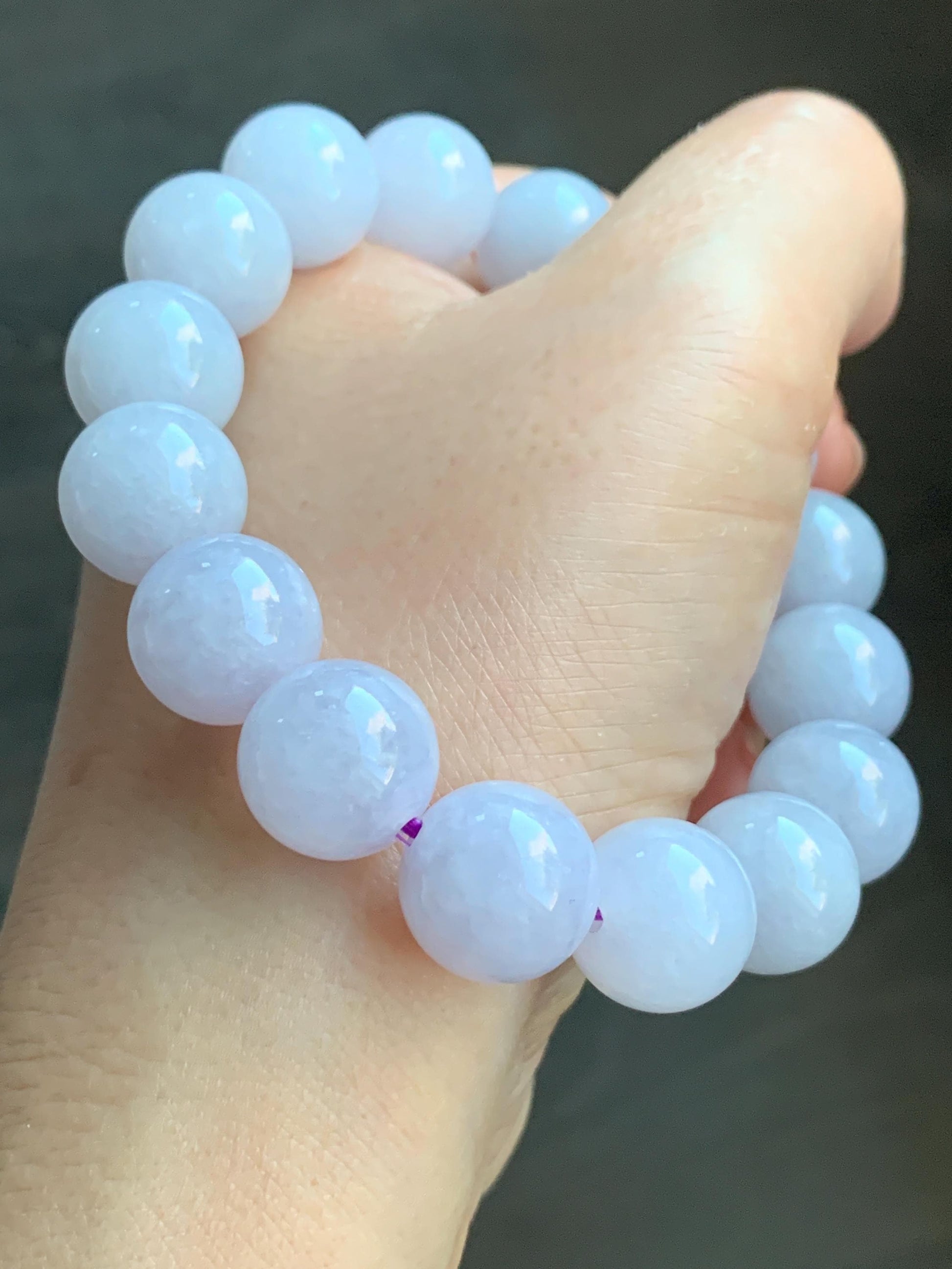 Certified Natural Burmese Icy Translucent White Jadeite Light Lavender Undertone Beads Beaded Bracelet 13.4mm 8” 68.9g 天然缅甸冰胶紫底翡翠大卡手串 4100