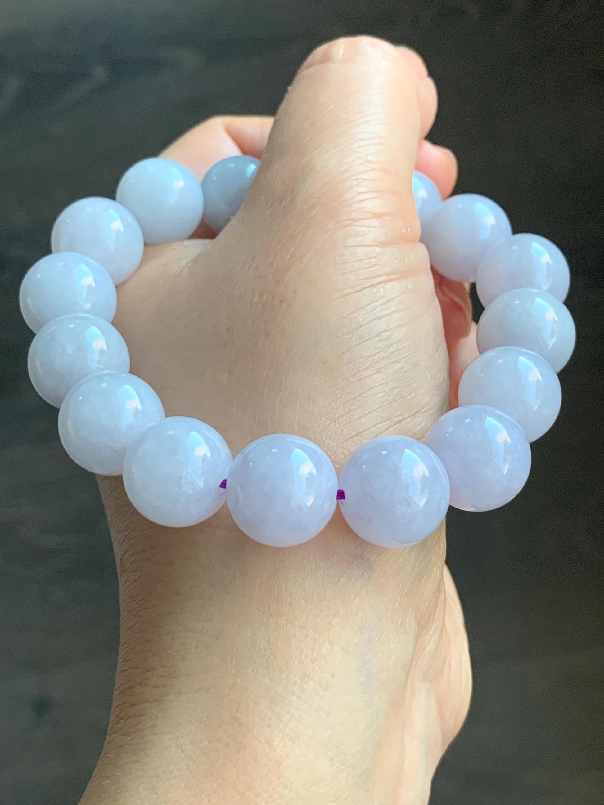 Certified Natural Burmese Icy Translucent White Jadeite Light Lavender Undertone Beads Beaded Bracelet 13.4mm 8” 68.9g 天然缅甸冰胶紫底翡翠大卡手串 4100