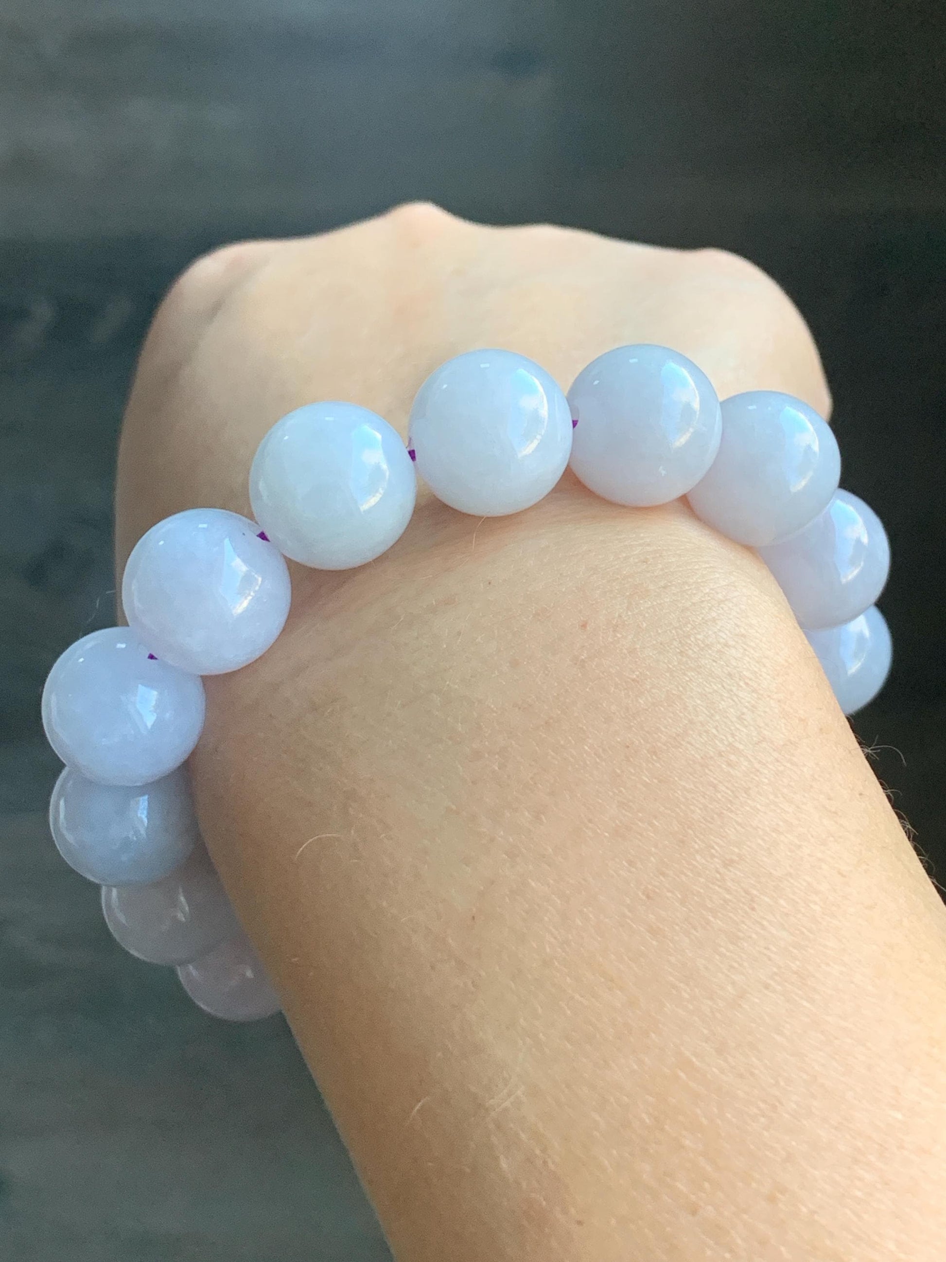 Certified Natural Burmese Icy Translucent White Jadeite Light Lavender Undertone Beads Beaded Bracelet 13.4mm 8” 68.9g 天然缅甸冰胶紫底翡翠大卡手串 4100