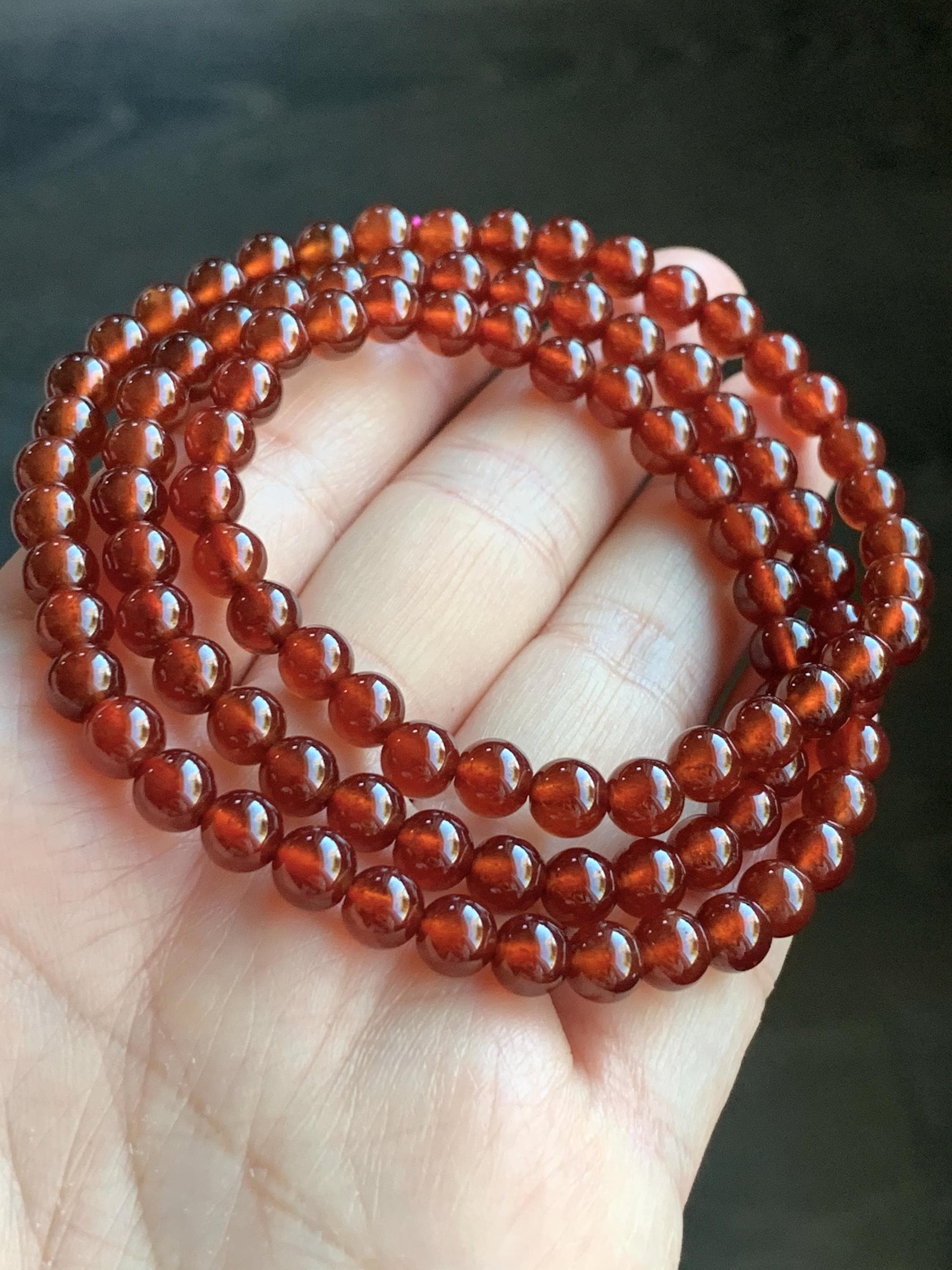 Natural Icy Highly Translucent Intense Persimmon Color Hessonite Garnet Beads Triple Layered Beaded Bracelets 5.8mm 36g 天然冰透起光柿子色石榴石手串