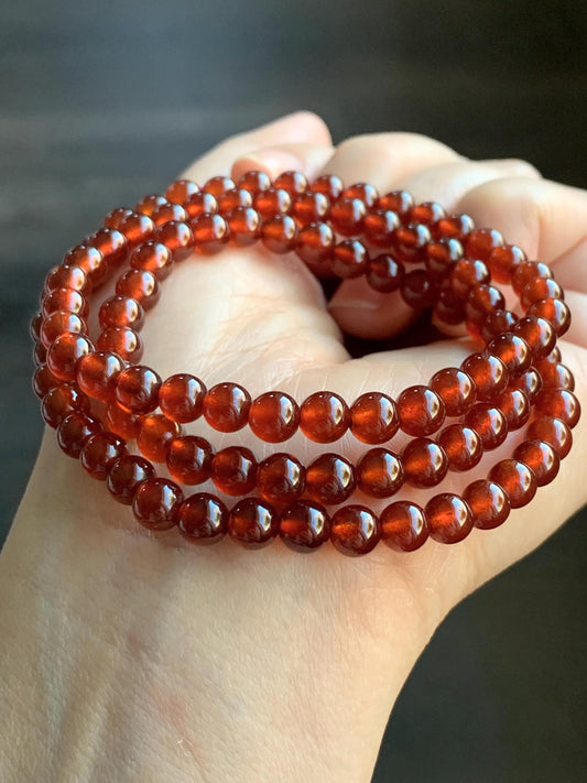 Natural Icy Highly Translucent Intense Persimmon Color Hessonite Garnet Beads Triple Layered Beaded Bracelets 5.8mm 36g 天然冰透起光柿子色石榴石手串