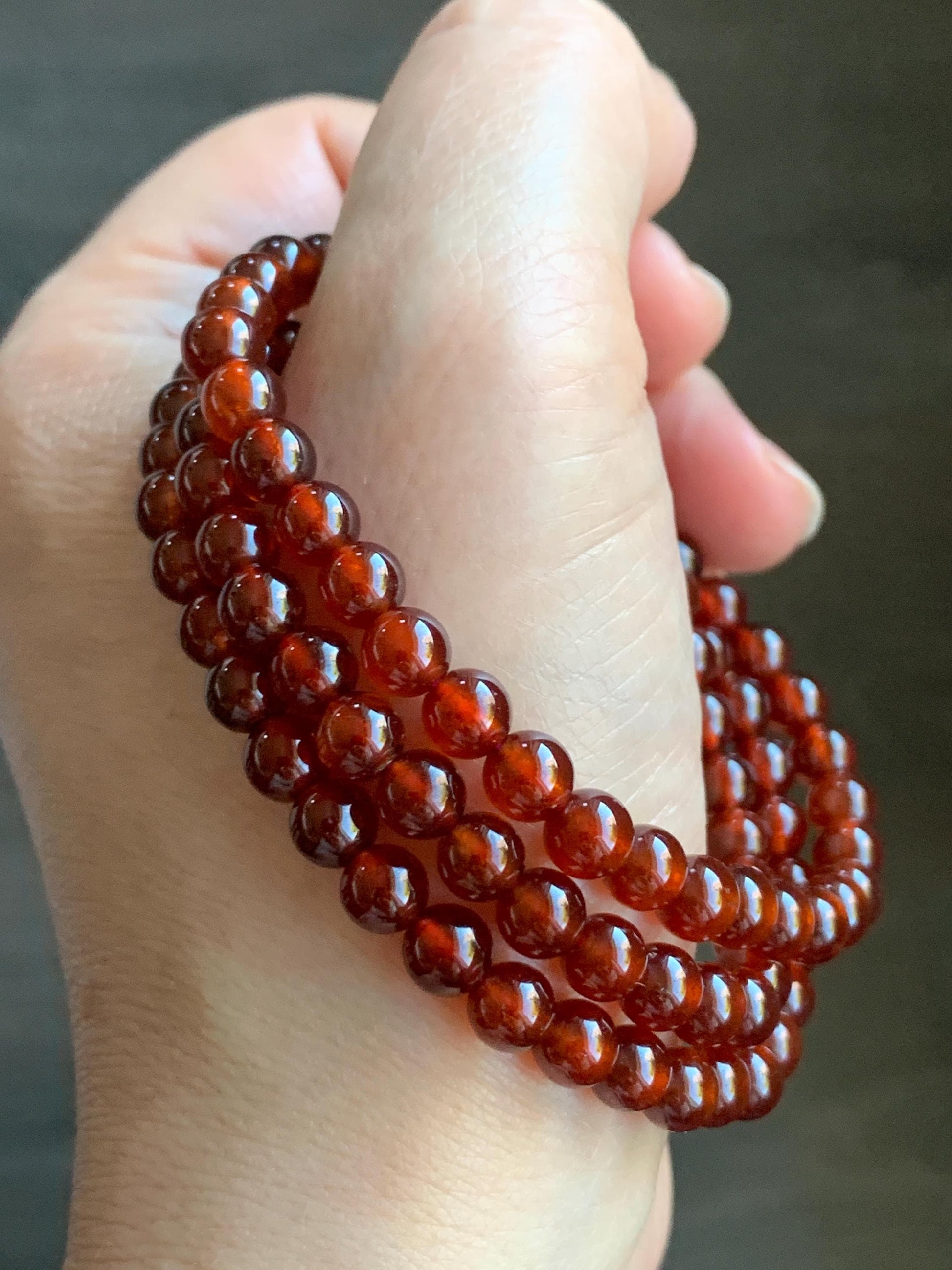 Natural Icy Highly Translucent Intense Persimmon Color Hessonite Garnet Beads Triple Layered Beaded Bracelets 5.8mm 36g 天然冰透起光柿子色石榴石手串