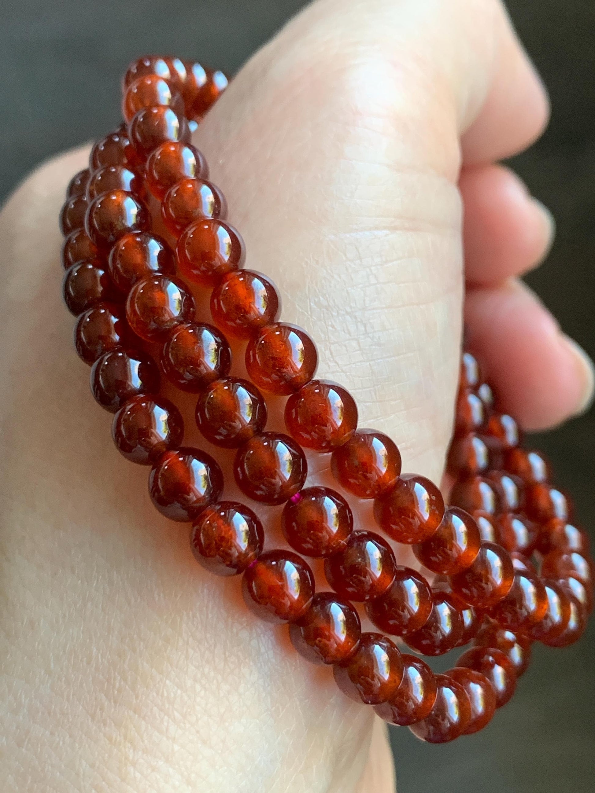 Natural Icy Highly Translucent Intense Persimmon Color Hessonite Garnet Beads Triple Layered Beaded Bracelets 5.8mm 36g 天然冰透起光柿子色石榴石手串