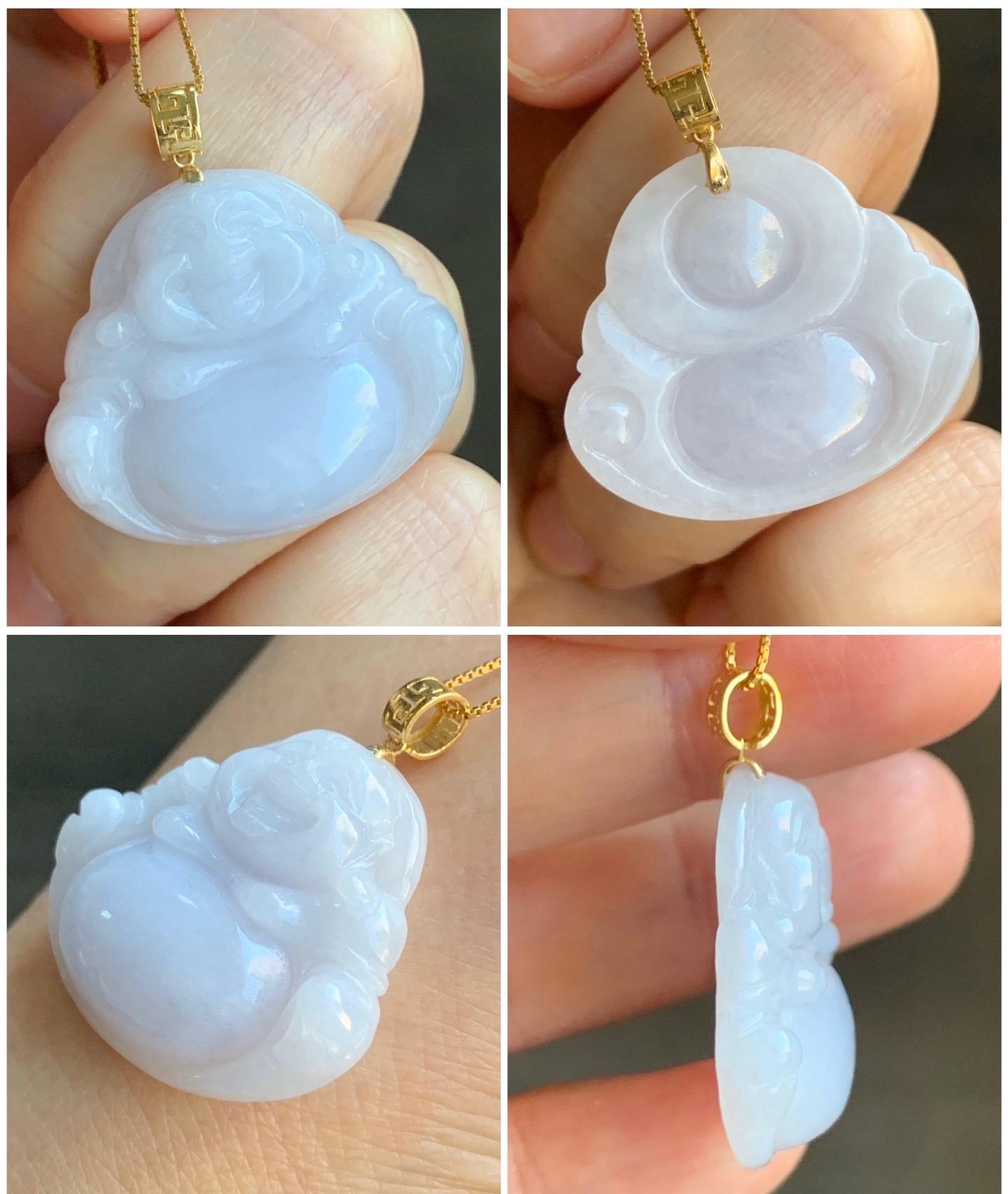 Natural Burmese Icy Translucent White Jadeite Light Purple Undertone Carved Buddha Pendant 18K Yellow Gold Bail 8g 天然缅甸细糯白冰紫底翡翠佛公镶嵌吊坠 C