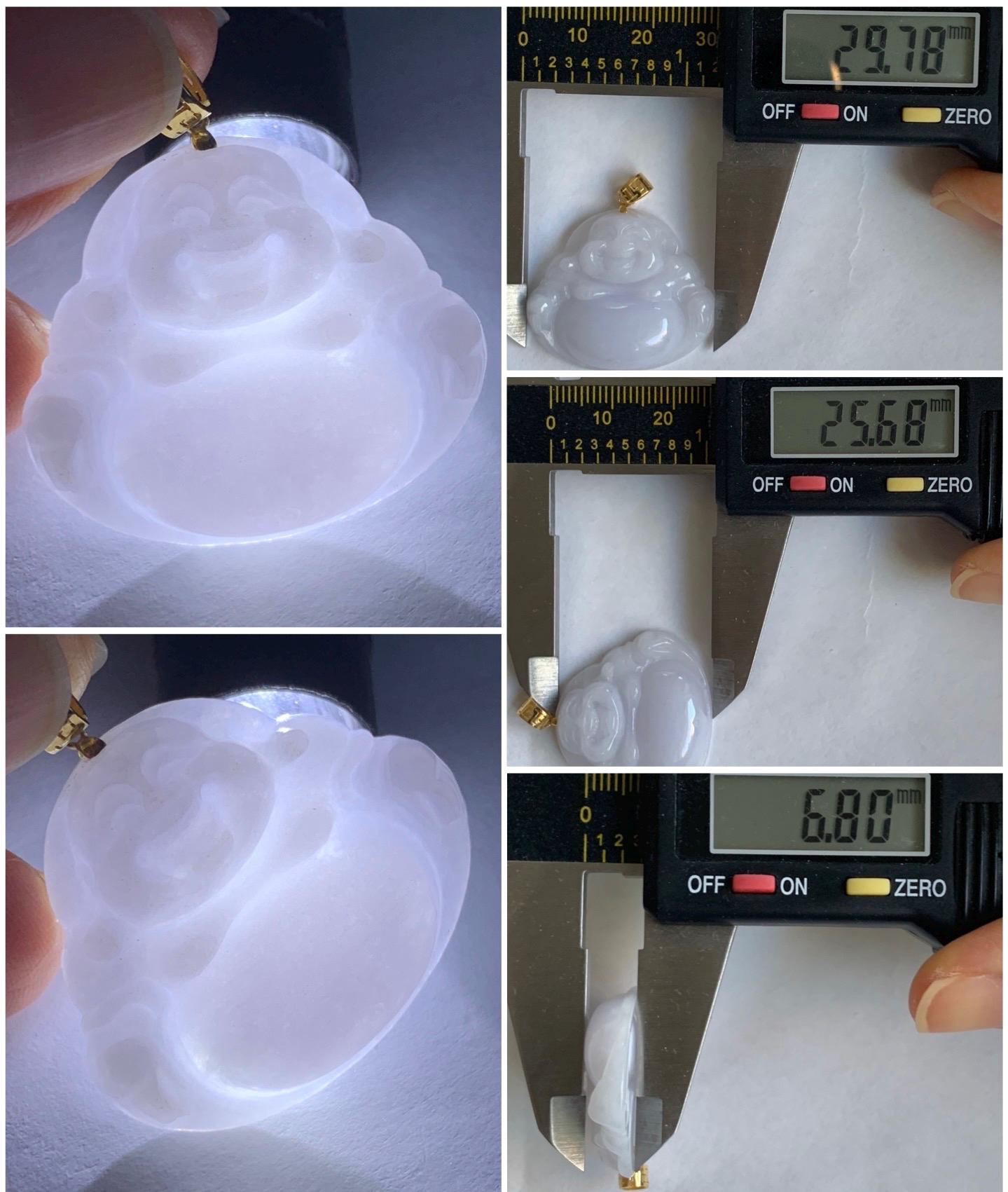 Natural Burmese Icy Translucent White Jadeite Light Purple Undertone Carved Buddha Pendant 18K Yellow Gold Bail 8g 天然缅甸细糯白冰紫底翡翠佛公镶嵌吊坠 C