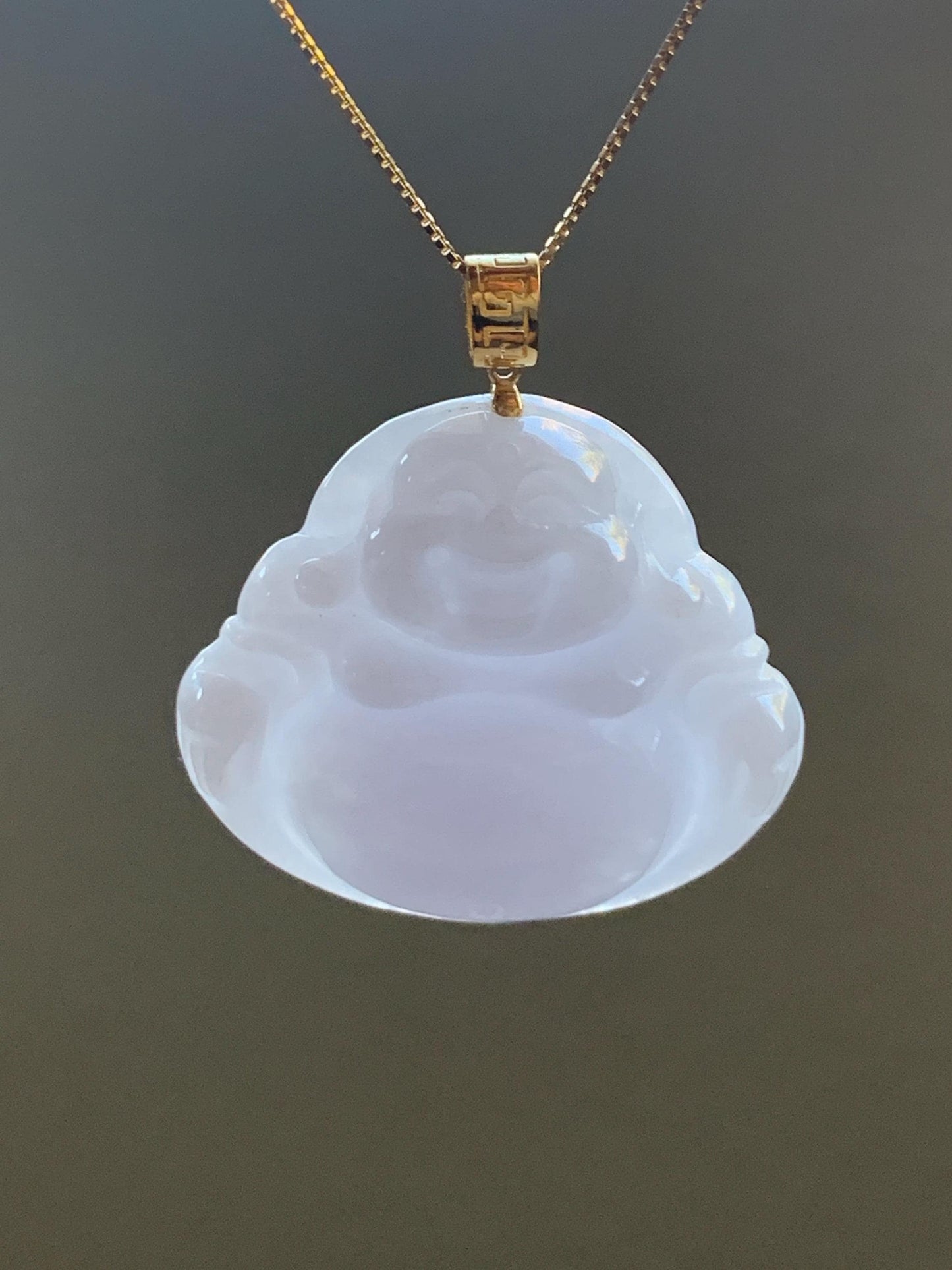 Natural Burmese Icy Translucent White Jadeite Light Purple Undertone Carved Buddha Pendant 18K Yellow Gold Bail 8g 天然缅甸细糯白冰紫底翡翠佛公镶嵌吊坠 C
