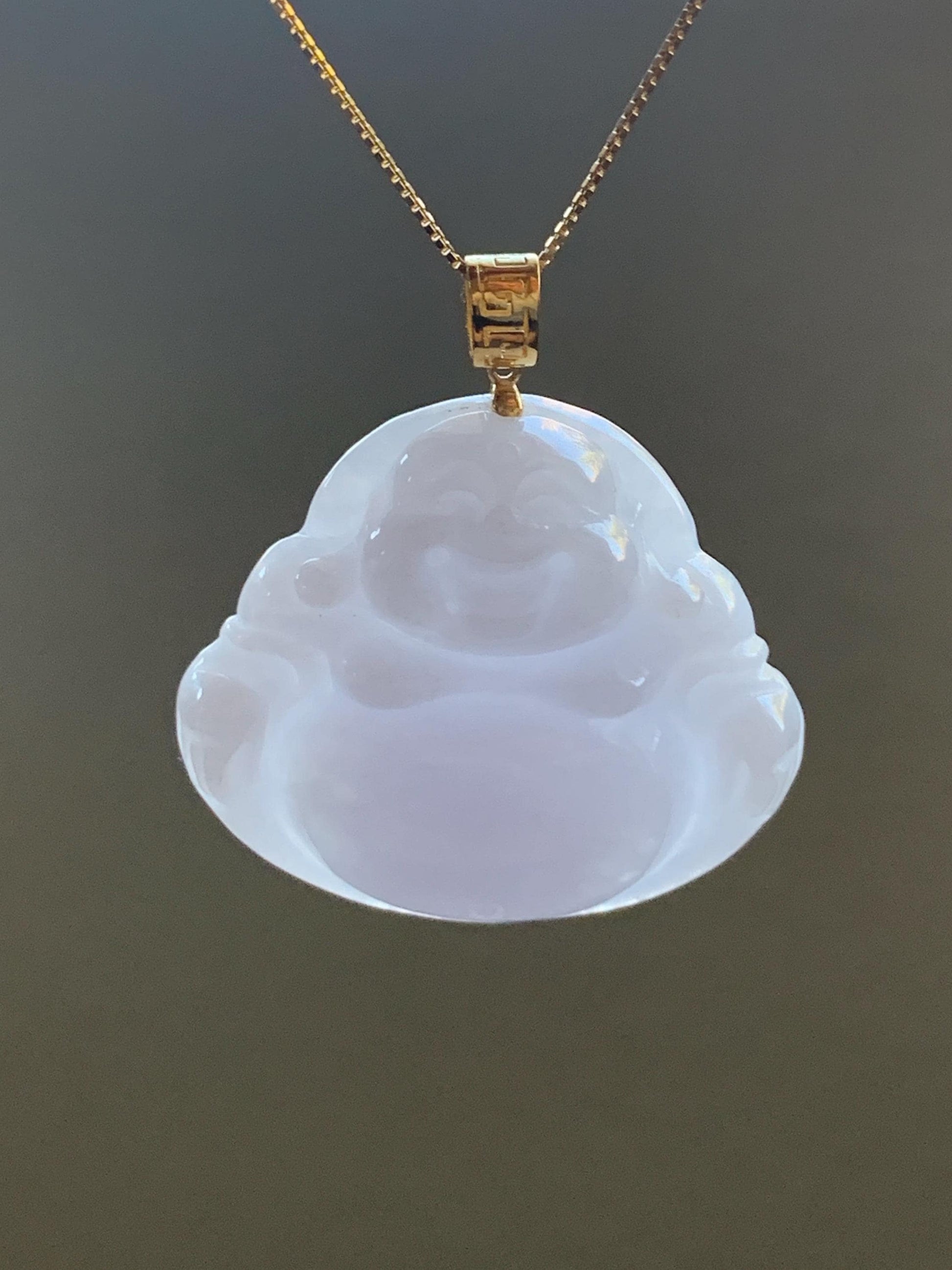 Natural Burmese Icy Translucent White Jadeite Light Purple Undertone Carved Buddha Pendant 18K Yellow Gold Bail 8g 天然缅甸细糯白冰紫底翡翠佛公镶嵌吊坠 C