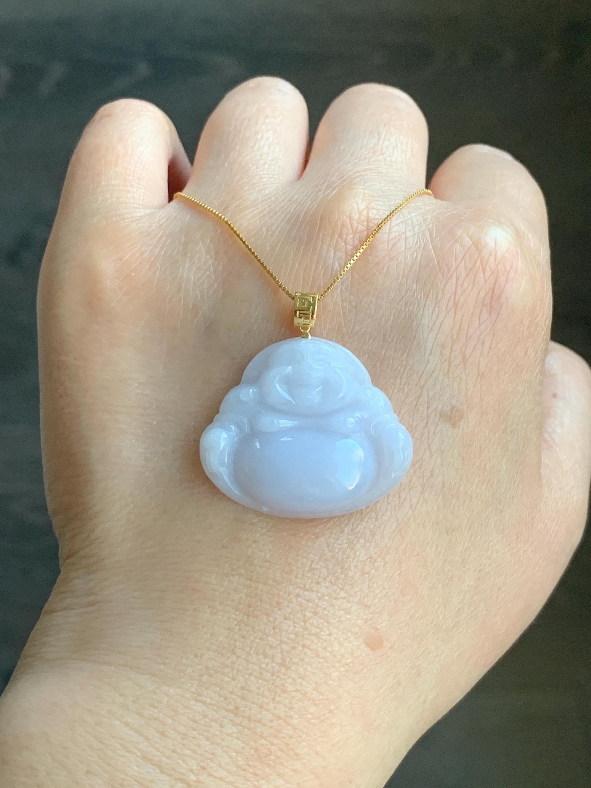 Natural Burmese Icy Translucent White Jadeite Light Purple Undertone Carved Buddha Pendant 18K Yellow Gold Bail 8g 天然缅甸细糯白冰紫底翡翠佛公镶嵌吊坠 C