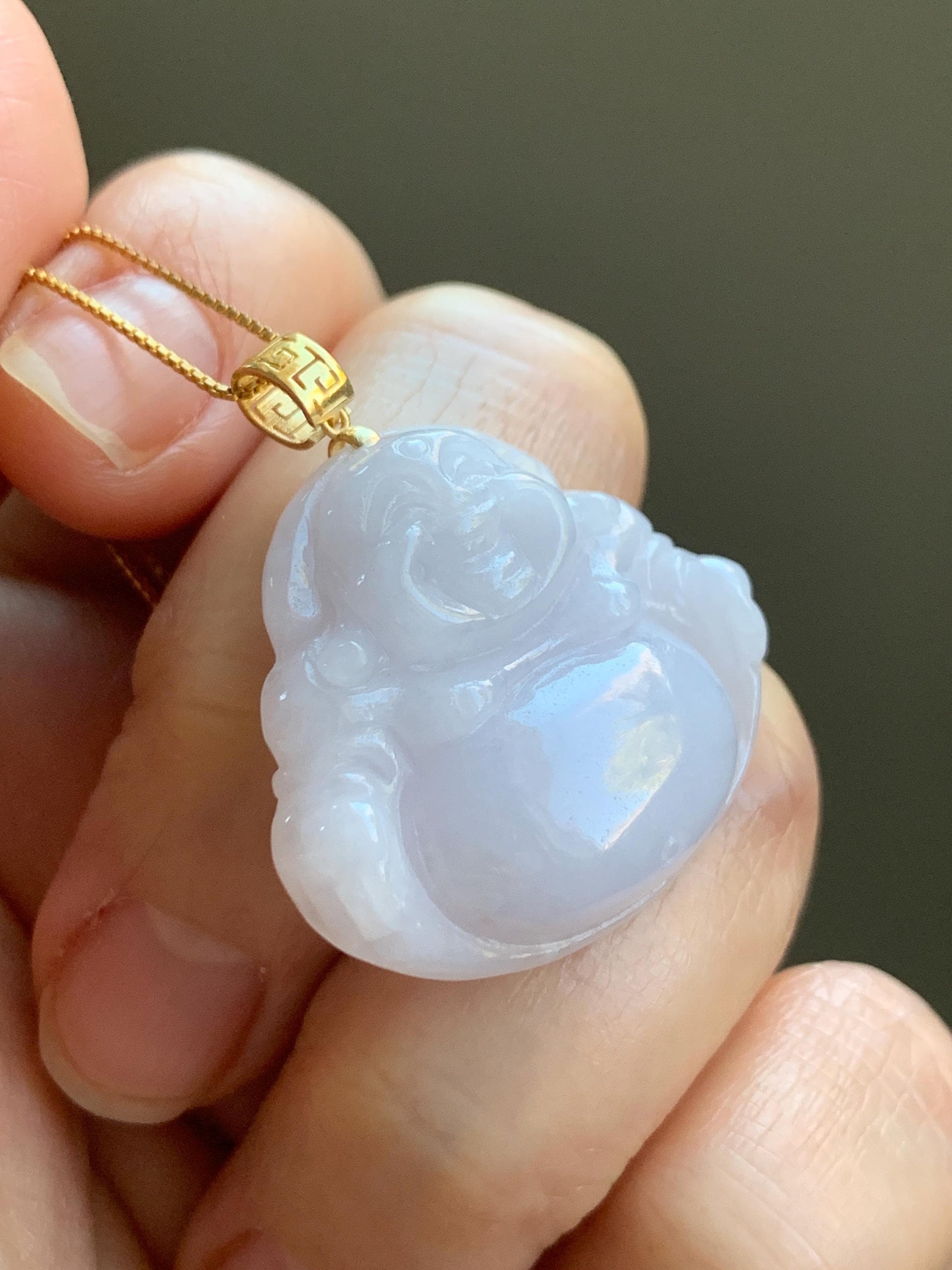 Natural Burmese Icy Translucent White Jadeite Light Purple Undertone Carved Buddha Pendant 18K Yellow Gold Bail 8g 天然缅甸细糯白冰紫底翡翠佛公镶嵌吊坠 C