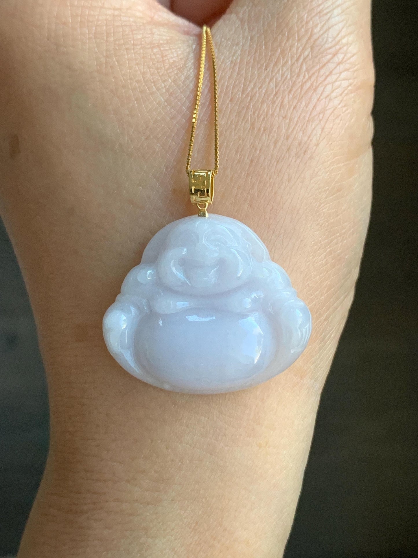 Natural Burmese Icy Translucent White Jadeite Light Purple Undertone Carved Buddha Pendant 18K Yellow Gold Bail 8g 天然缅甸细糯白冰紫底翡翠佛公镶嵌吊坠 C