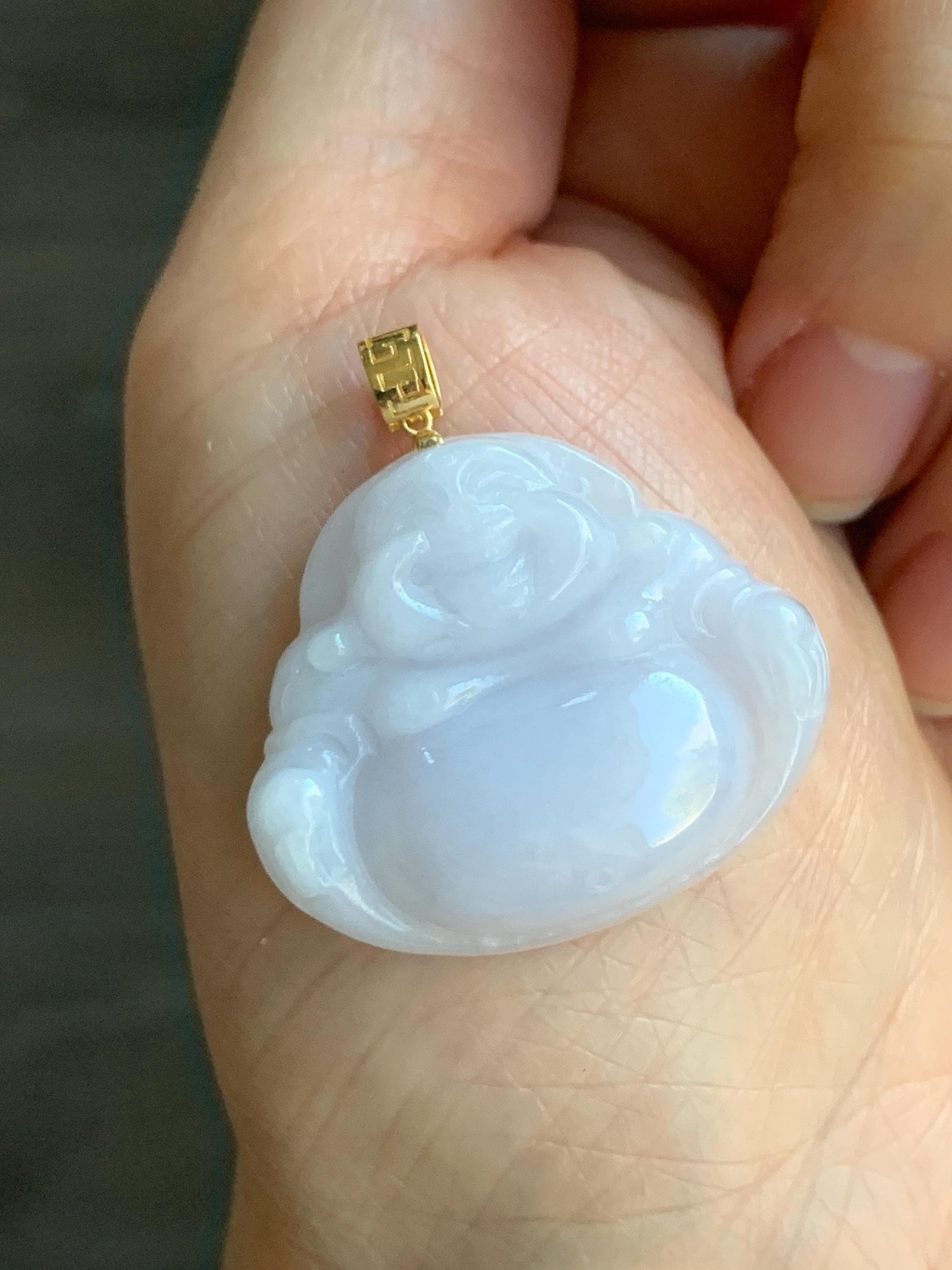 Natural Burmese Icy Translucent White Jadeite Light Purple Undertone Carved Buddha Pendant 18K Yellow Gold Bail 8g 天然缅甸细糯白冰紫底翡翠佛公镶嵌吊坠 C