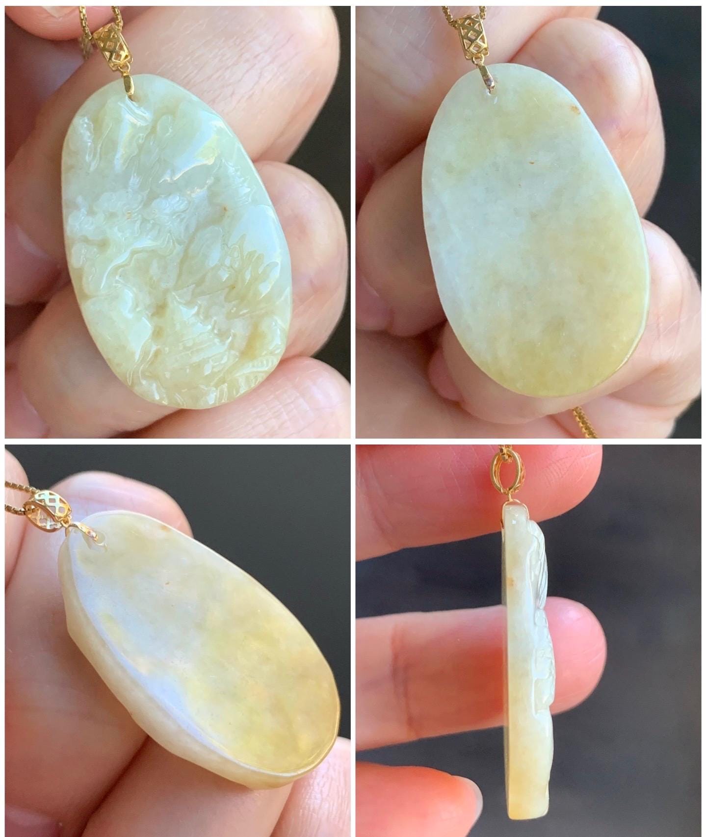 Natural Burmese Translucent Light Beige & Yellow Marbled Jadeite Shan Shui Pai Landscape Pendant 18K Yellow Gold 6g 天然缅甸飘黄翡翠山水牌吊坠