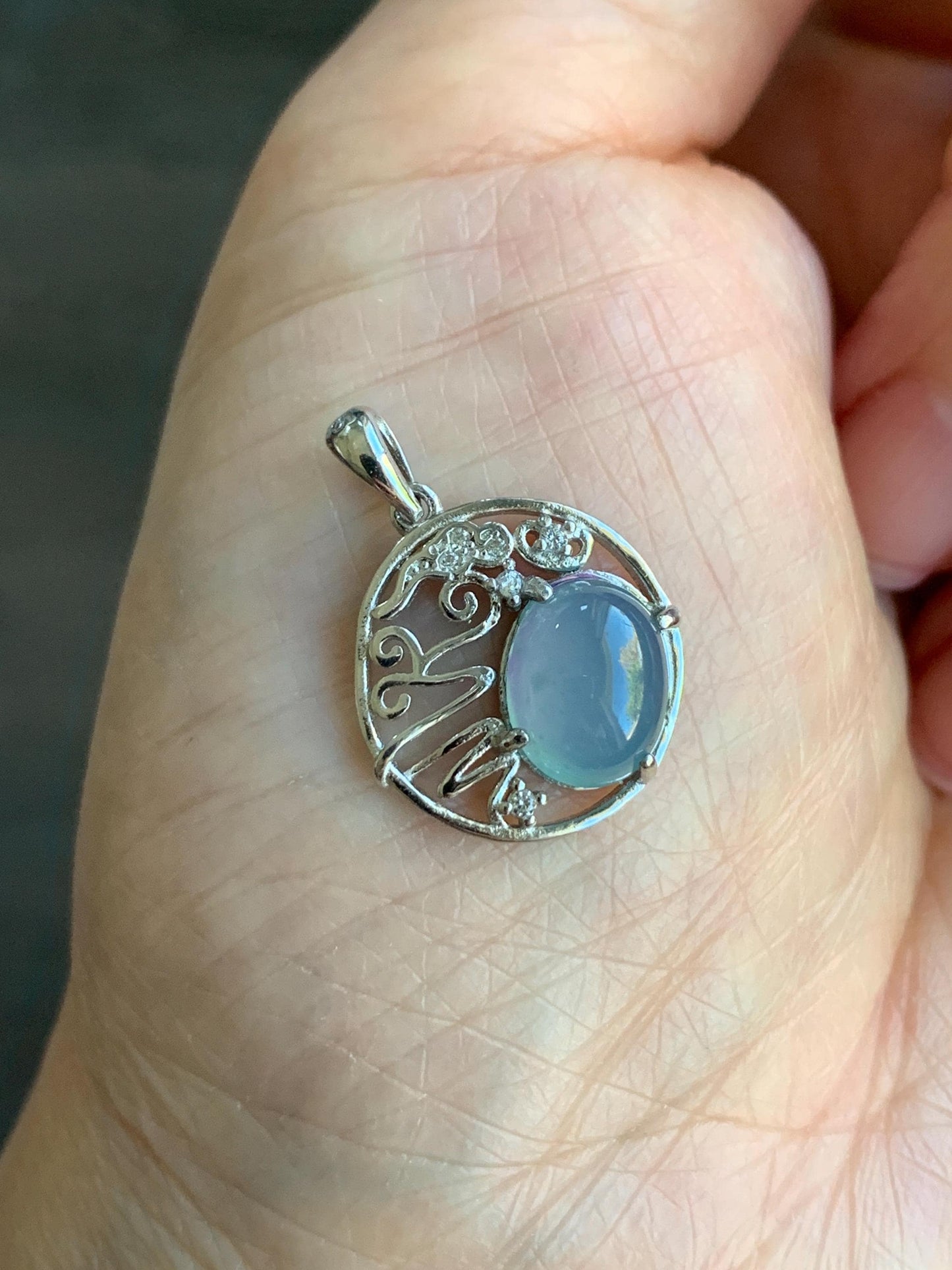 Natural Guatemalan Icy Translucent Light Blue Jadeite Circle Pendant S925 Sterling Silver 天然冰危蓝翡翠银镶吊坠