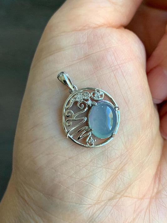 Natural Guatemalan Icy Translucent Light Blue Jadeite Circle Pendant S925 Sterling Silver 天然冰危蓝翡翠银镶吊坠