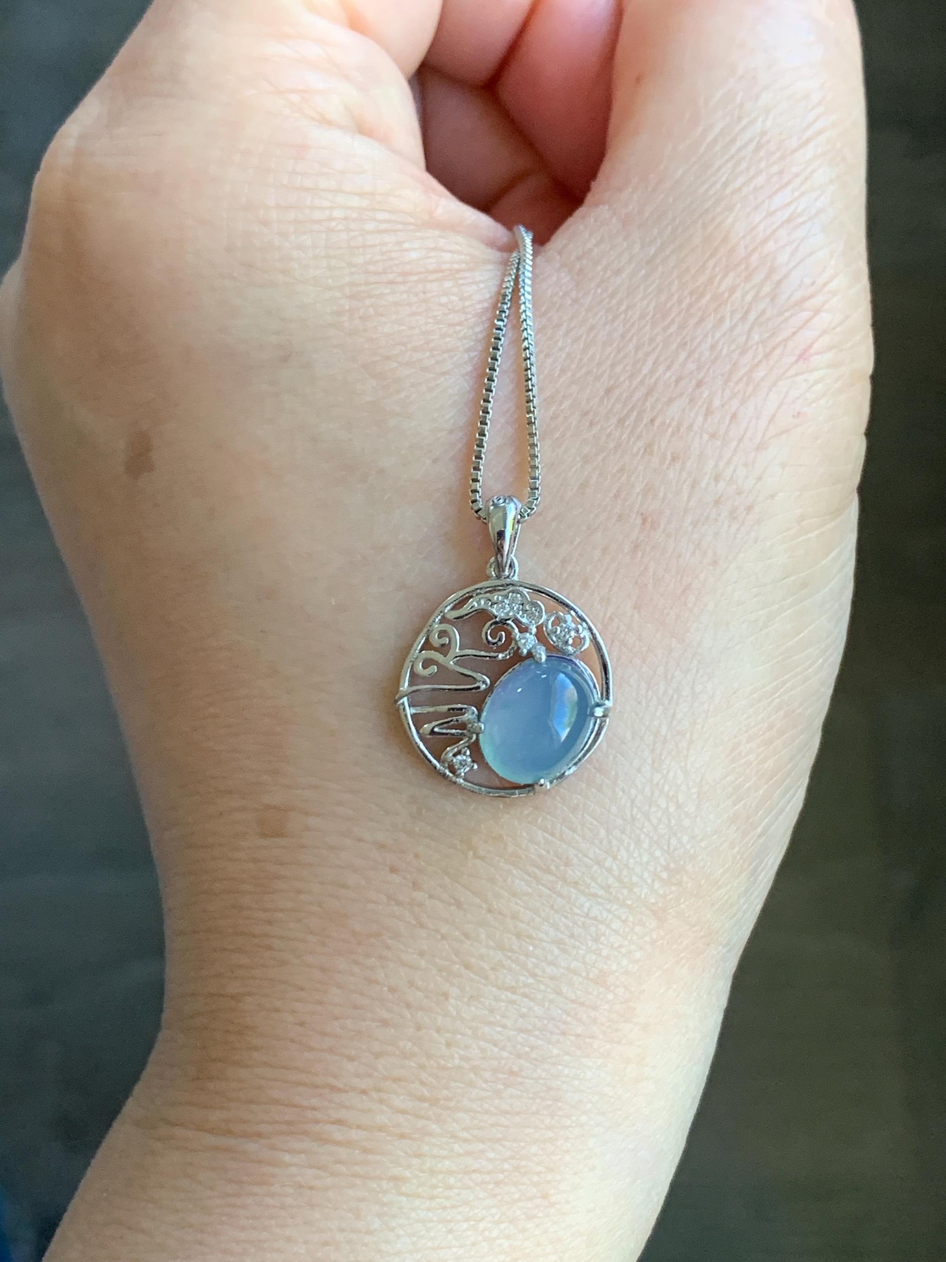 Natural Guatemalan Icy Translucent Light Blue Jadeite Circle Pendant S925 Sterling Silver 天然冰危蓝翡翠银镶吊坠