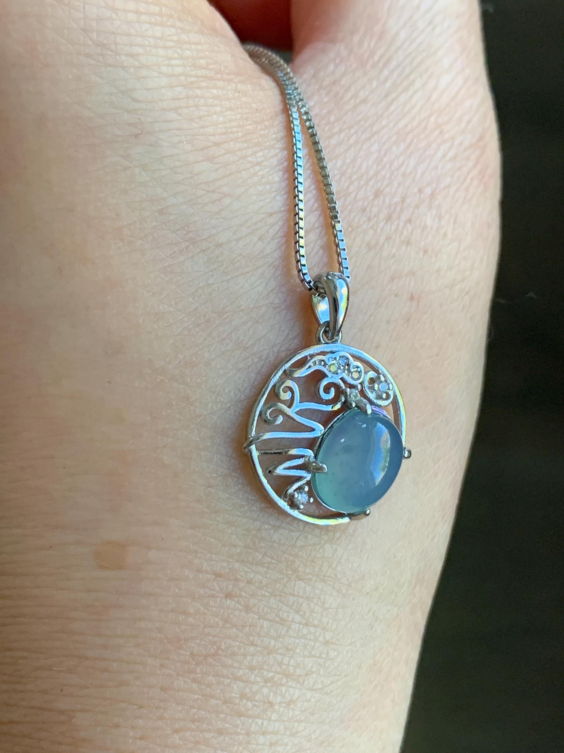 Natural Guatemalan Icy Translucent Light Blue Jadeite Circle Pendant S925 Sterling Silver 天然冰危蓝翡翠银镶吊坠