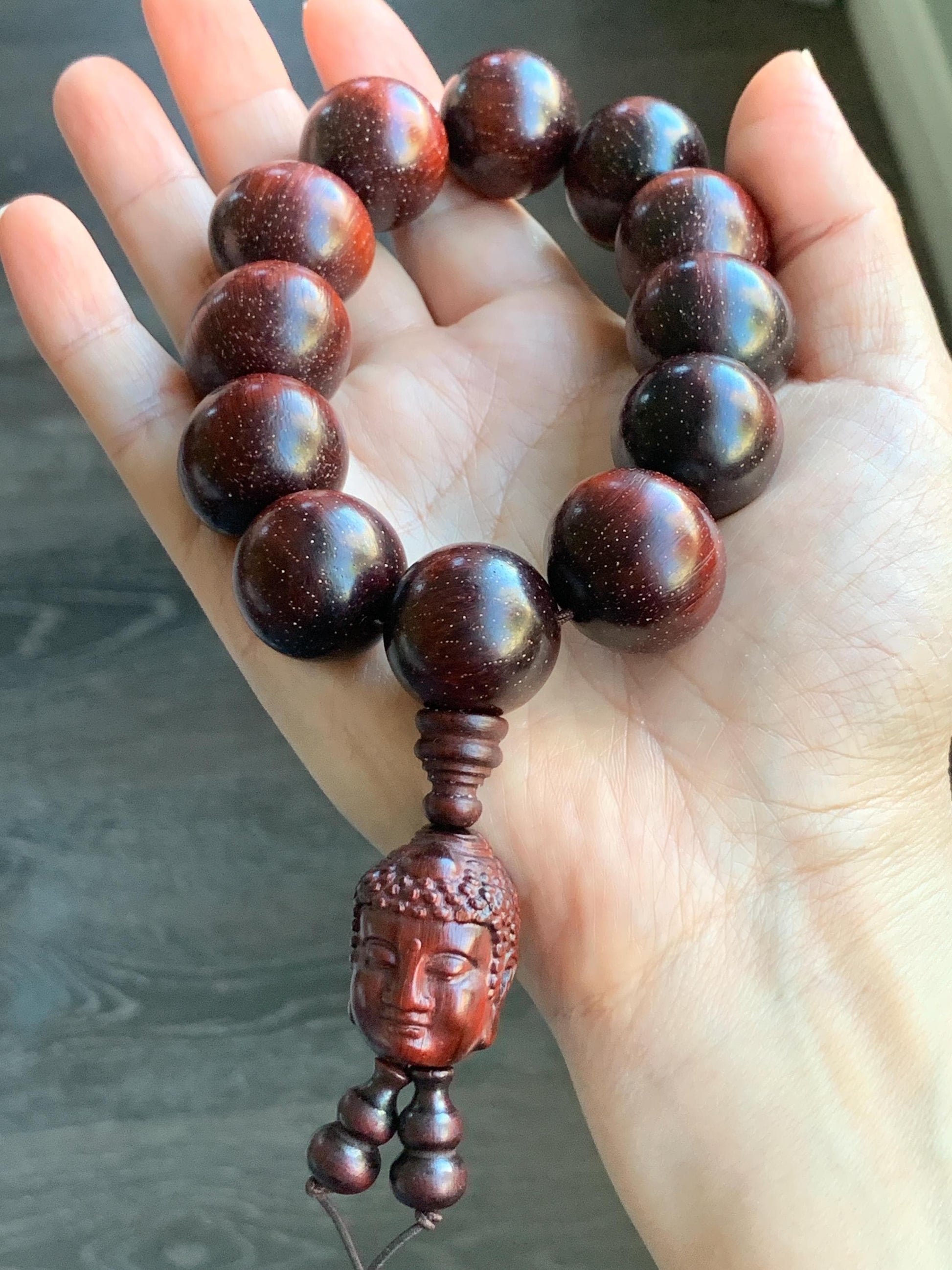 Natural Genuine Red Sandalwood w/ Stars Mala Prayer Beads Beaded Bracelet Stretchy 21.3x22.5mm 9.5” 90g 天然大卡小叶紫檀金星木珠手串一念之间挂坠