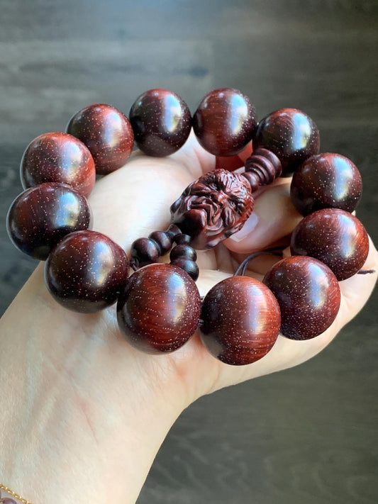Natural Genuine Red Sandalwood w/ Stars Mala Prayer Beads Beaded Bracelet Stretchy 21.3x22.5mm 9.5” 90g 天然大卡小叶紫檀金星木珠手串一念之间挂坠