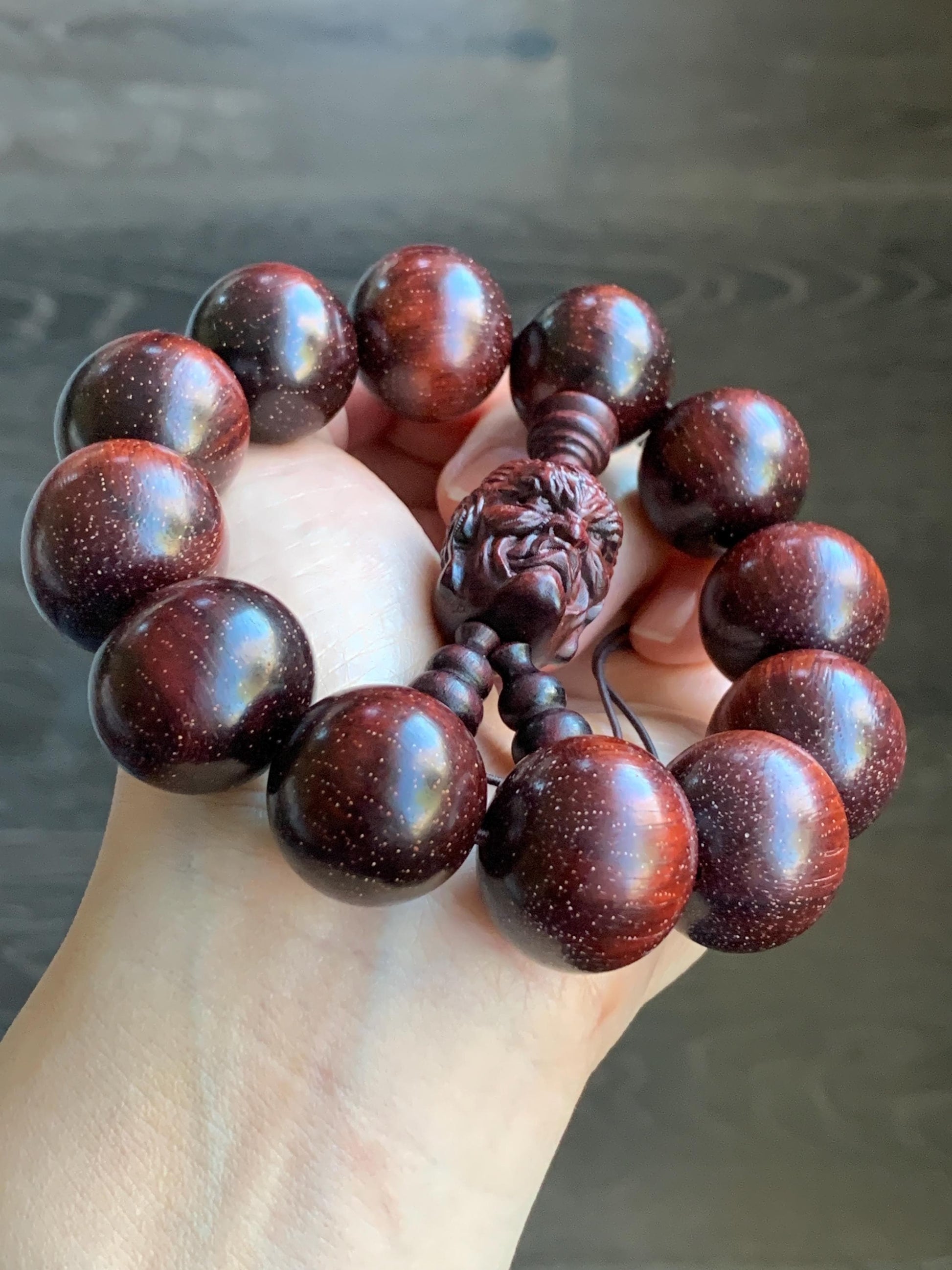 Natural Genuine Red Sandalwood w/ Stars Mala Prayer Beads Beaded Bracelet Stretchy 21.3x22.5mm 9.5” 90g 天然大卡小叶紫檀金星木珠手串一念之间挂坠