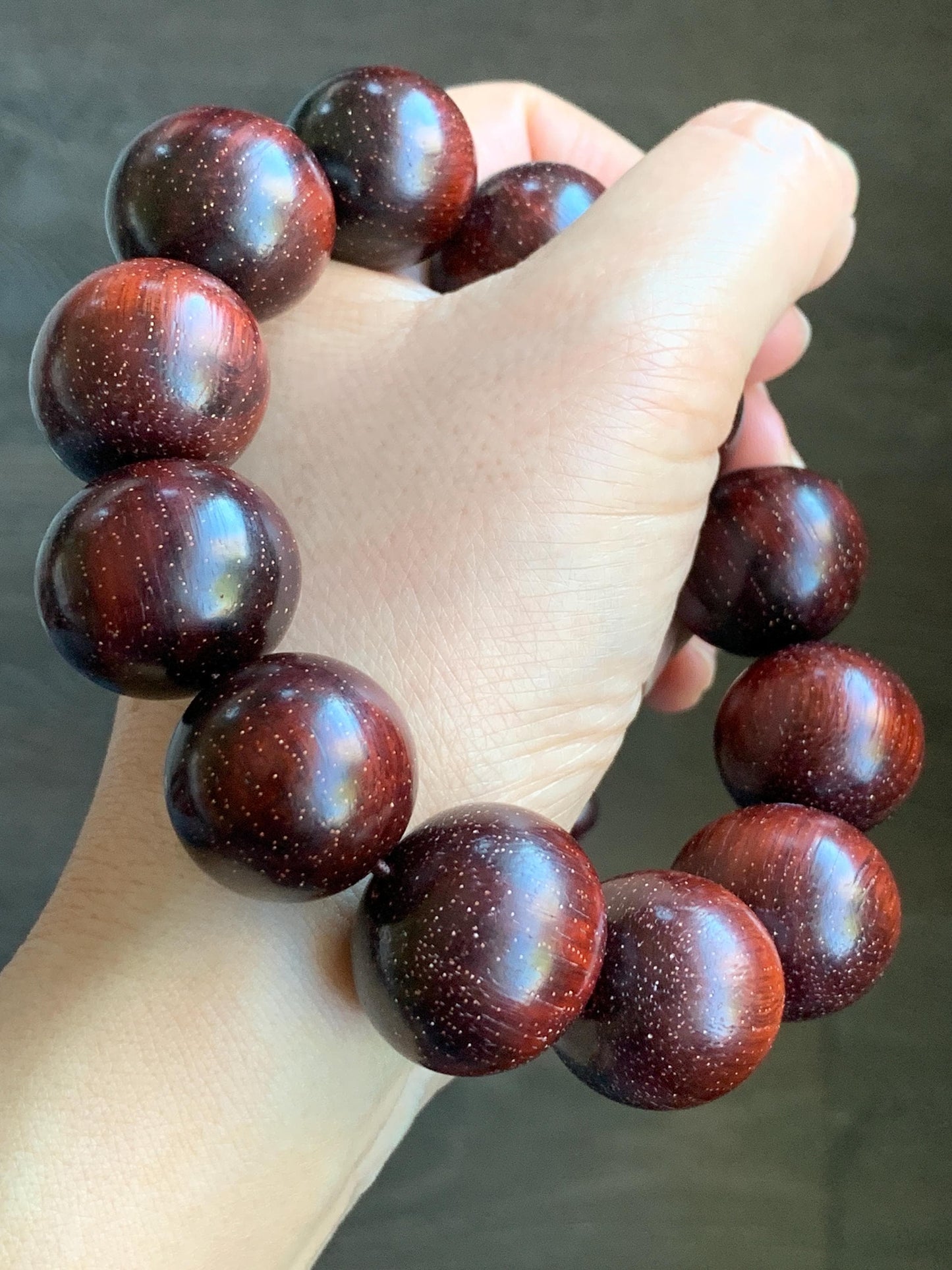 Natural Genuine Red Sandalwood w/ Stars Mala Prayer Beads Beaded Bracelet Stretchy 21.3x22.5mm 9.5” 90g 天然大卡小叶紫檀金星木珠手串一念之间挂坠