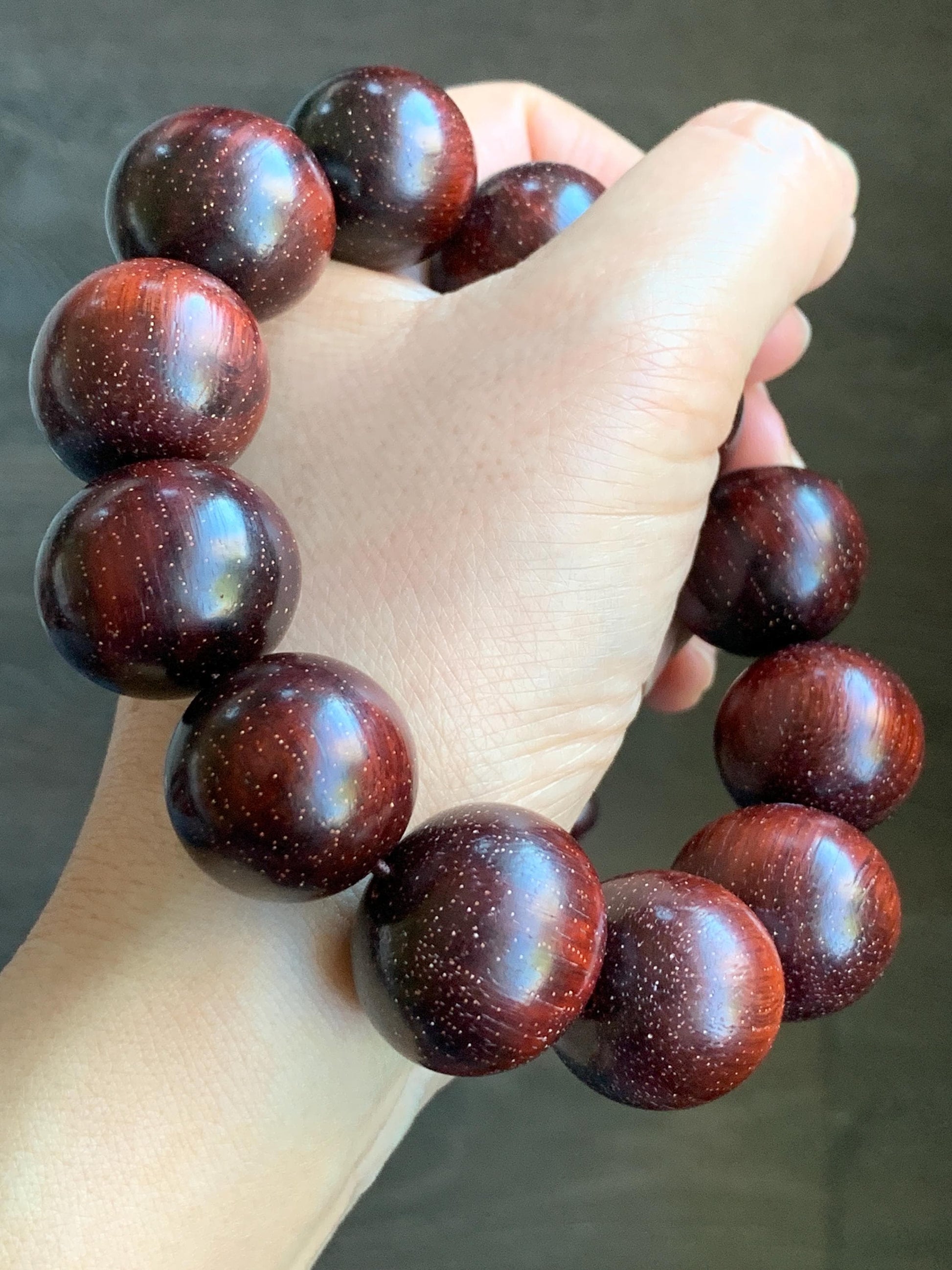 Natural Genuine Red Sandalwood w/ Stars Mala Prayer Beads Beaded Bracelet Stretchy 21.3x22.5mm 9.5” 90g 天然大卡小叶紫檀金星木珠手串一念之间挂坠