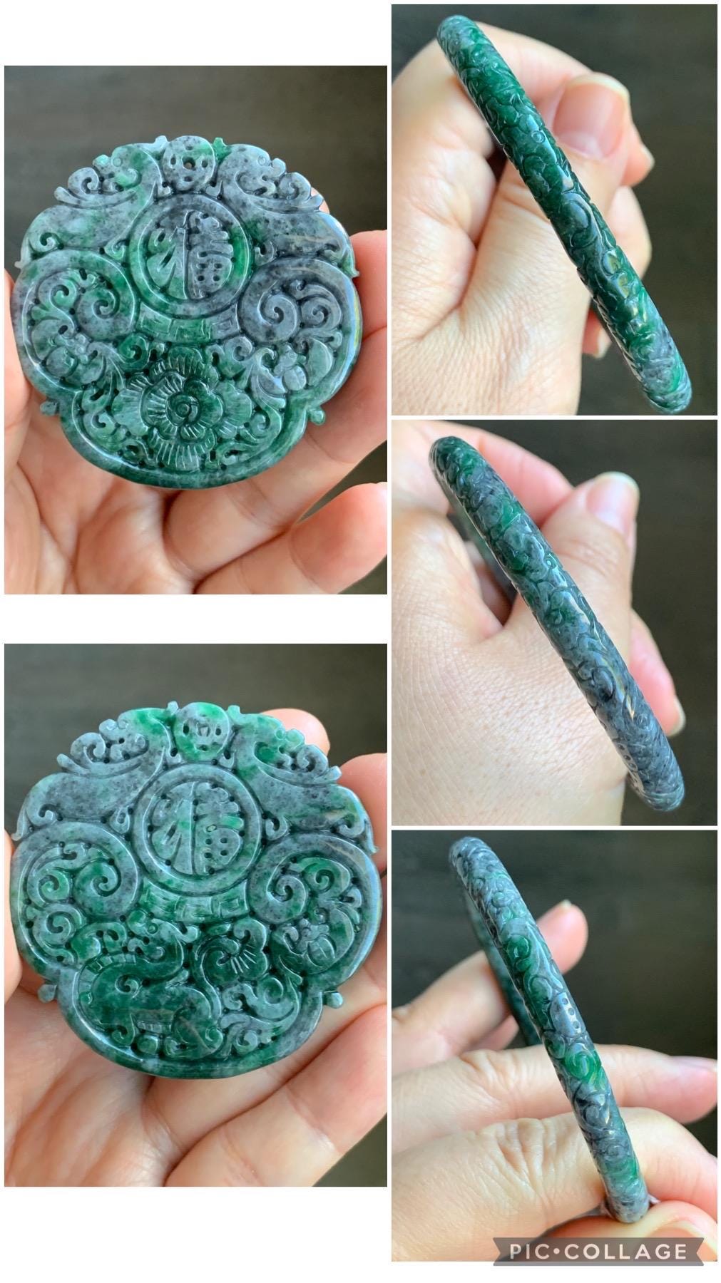 Certified Natural Burmese Translucent Wuji & Green Marbled Jadeite Engraved Bangle Pendant Set 56.7mm 天然缅甸乌鸡飘绿花翡翠雕花手镯镯心吊坠