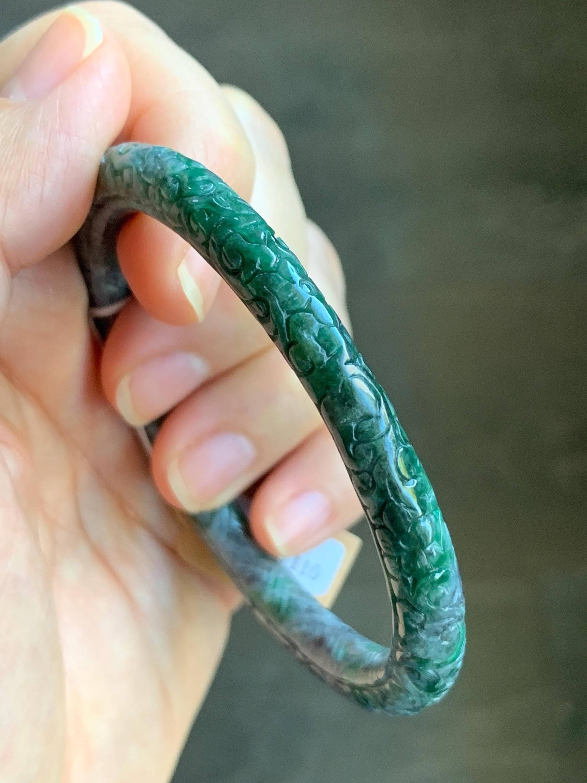 Certified Natural Burmese Translucent Wuji & Green Marbled Jadeite Engraved Bangle Pendant Set 56.7mm 天然缅甸乌鸡飘绿花翡翠雕花手镯镯心吊坠