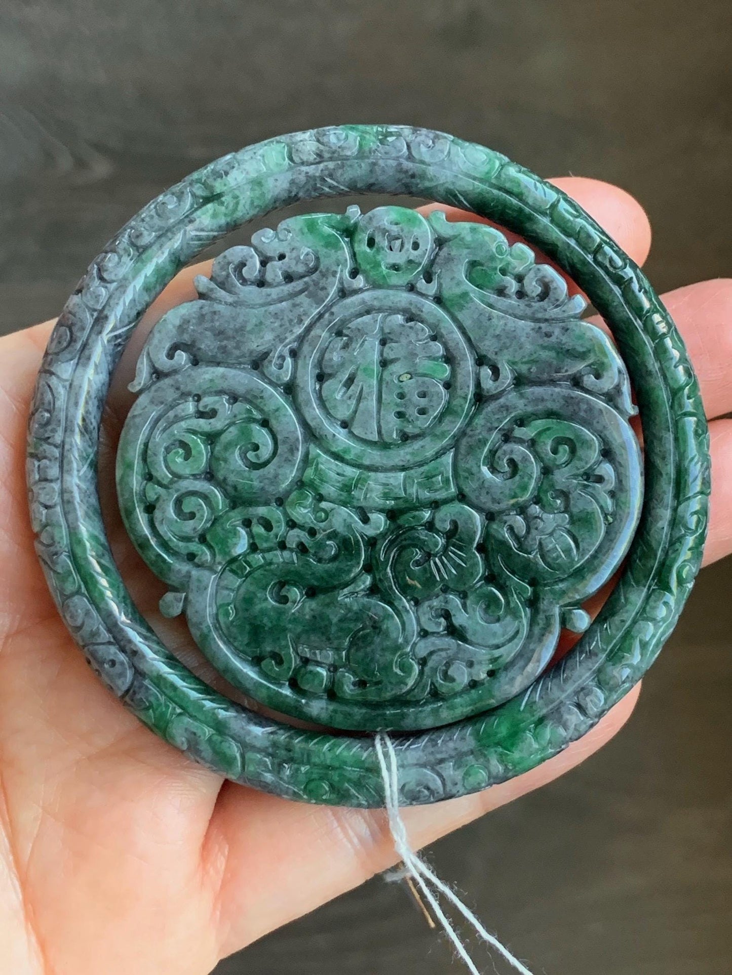 Certified Natural Burmese Translucent Wuji & Green Marbled Jadeite Engraved Bangle Pendant Set 56.7mm 天然缅甸乌鸡飘绿花翡翠雕花手镯镯心吊坠