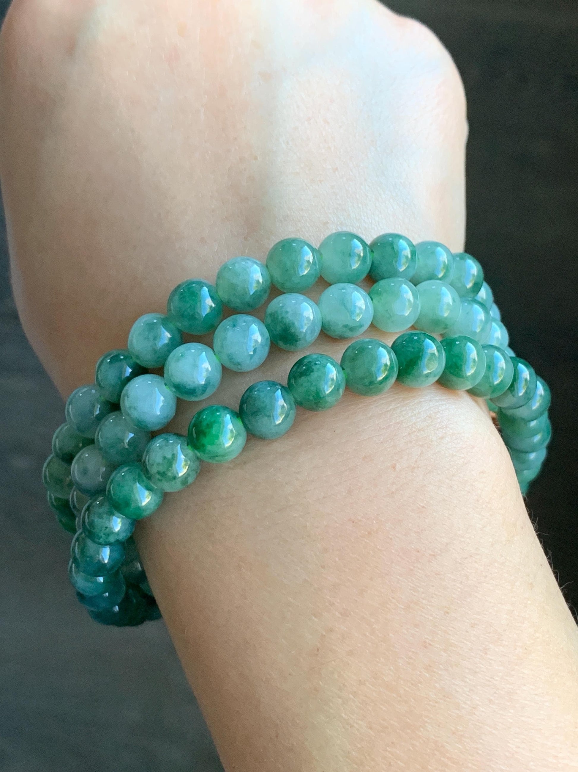Stunning Natural Burmese Icy Translucent Gelatinous Green Marbled Jadeite Beads Beaded Necklace 7.6mm 28” 71g 天然缅甸冰胶飘绿花翡翠圆珠长串项链 PHS650