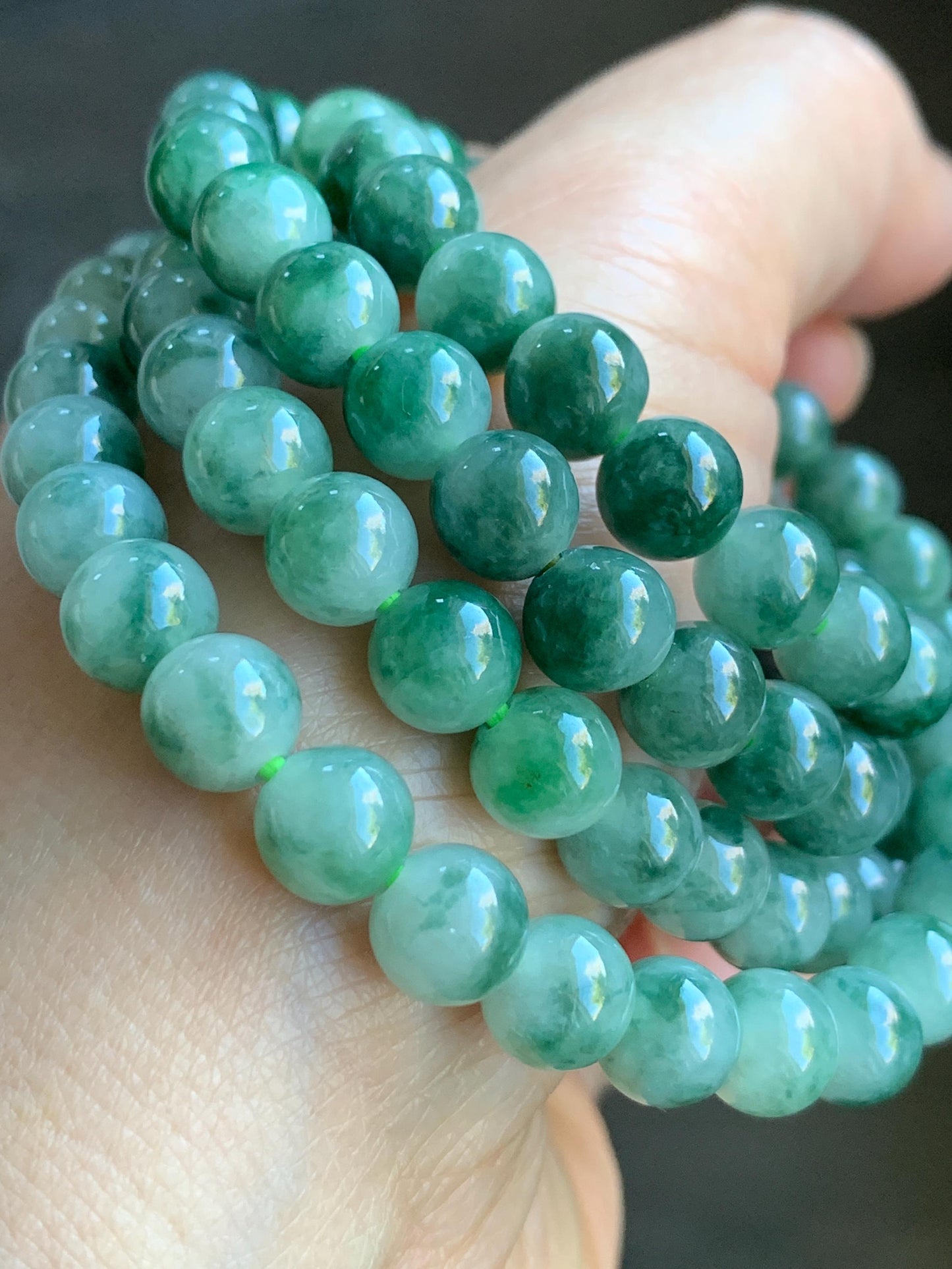 Stunning Natural Burmese Icy Translucent Gelatinous Green Marbled Jadeite Beads Beaded Necklace 7.6mm 28” 71g 天然缅甸冰胶飘绿花翡翠圆珠长串项链 PHS650