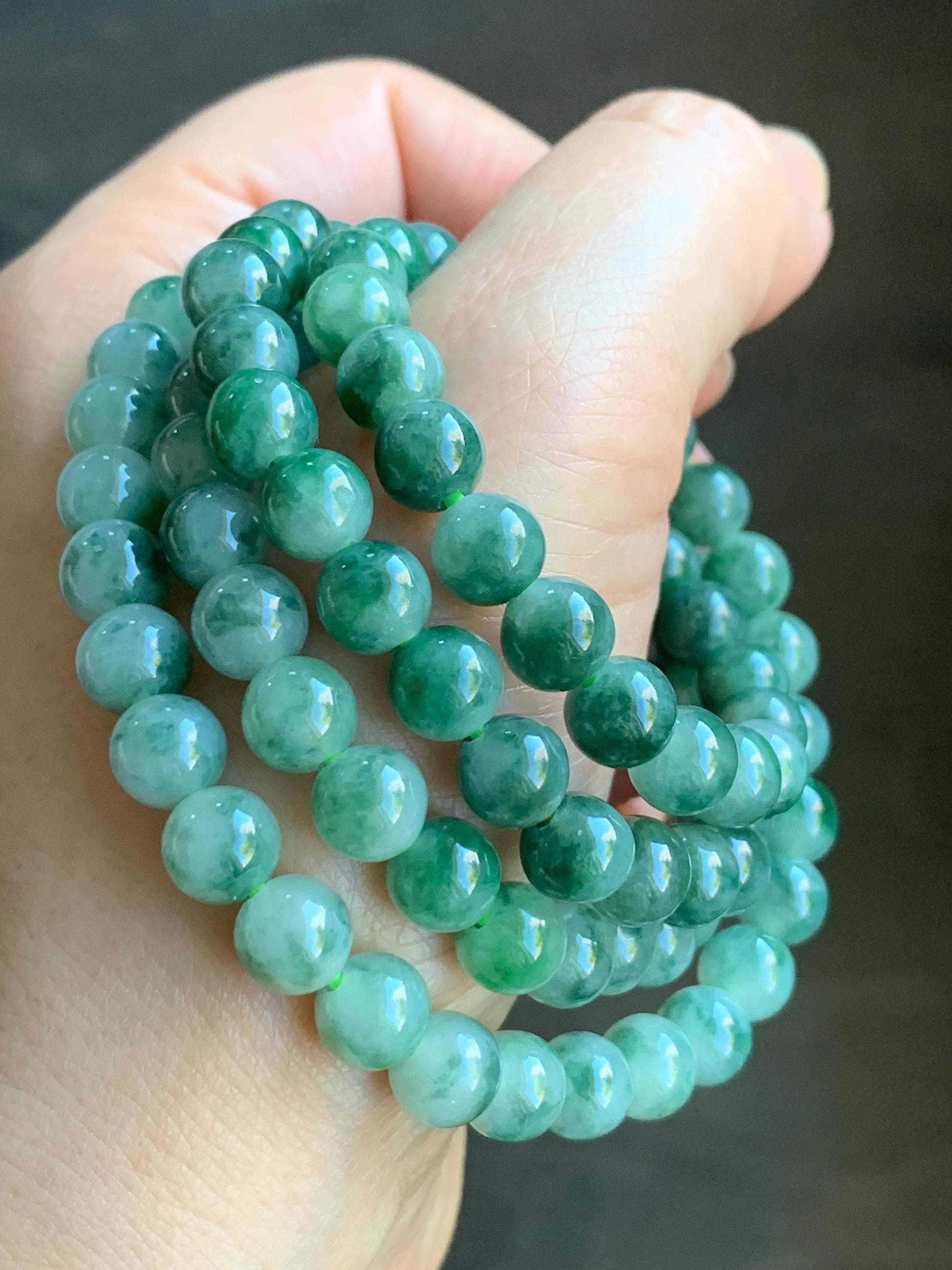 Stunning Natural Burmese Icy Translucent Gelatinous Green Marbled Jadeite Beads Beaded Necklace 7.6mm 28” 71g 天然缅甸冰胶飘绿花翡翠圆珠长串项链 PHS650