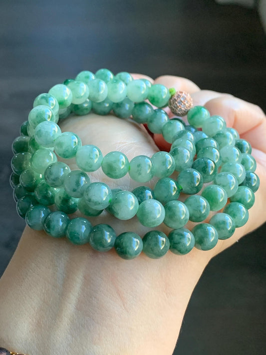 Stunning Natural Burmese Icy Translucent Gelatinous Green Marbled Jadeite Beads Beaded Necklace 7.6mm 28” 71g 天然缅甸冰胶飘绿花翡翠圆珠长串项链 PHS650