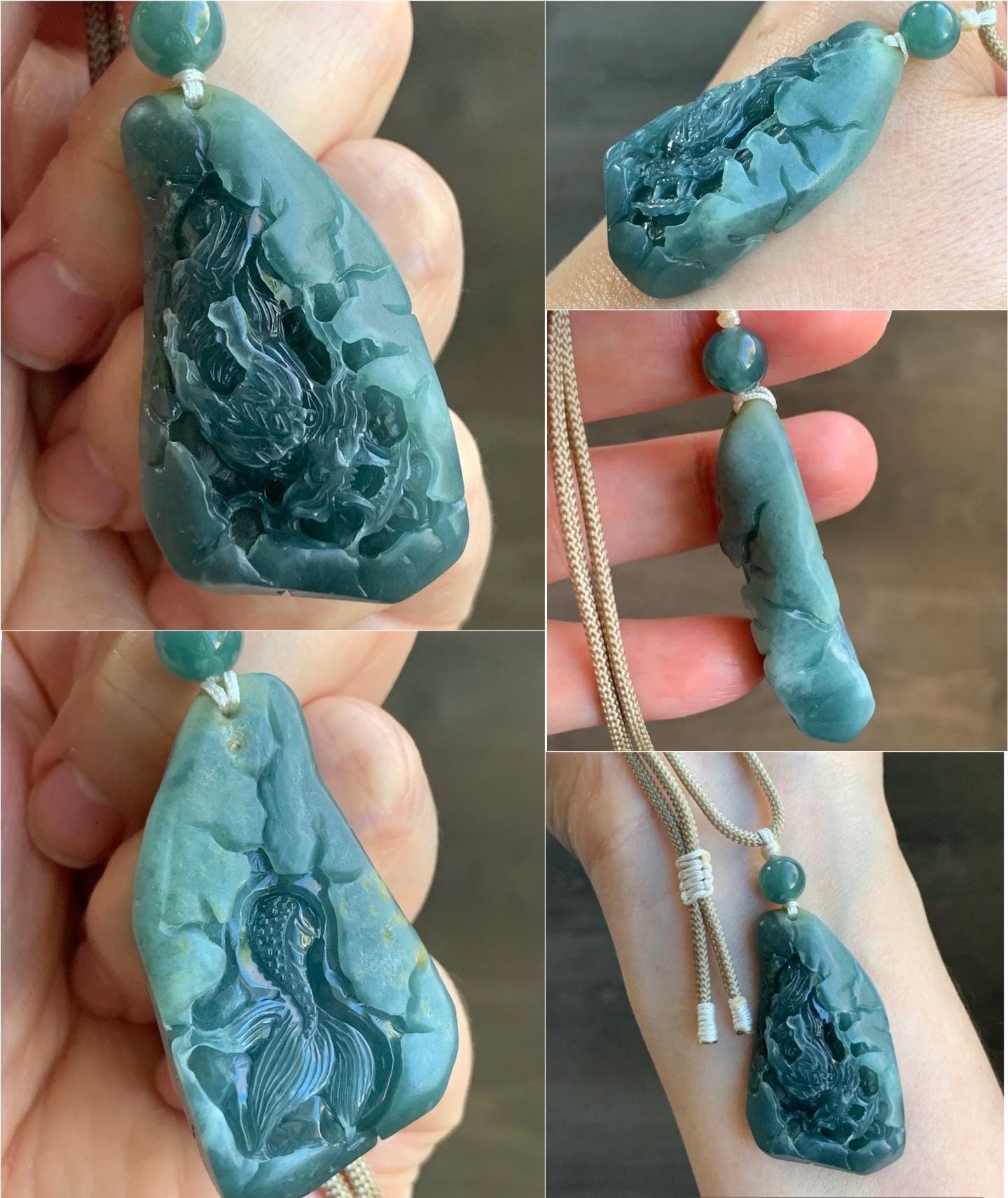 Stunning Natural Guatemalan Icy Translucent Teal Blue Jadeite Carved Dragon Double Sided Pendant Rope Necklace 27" 22g 天然冰危蓝翡翠精工龙牌双面雕双抛吊坠