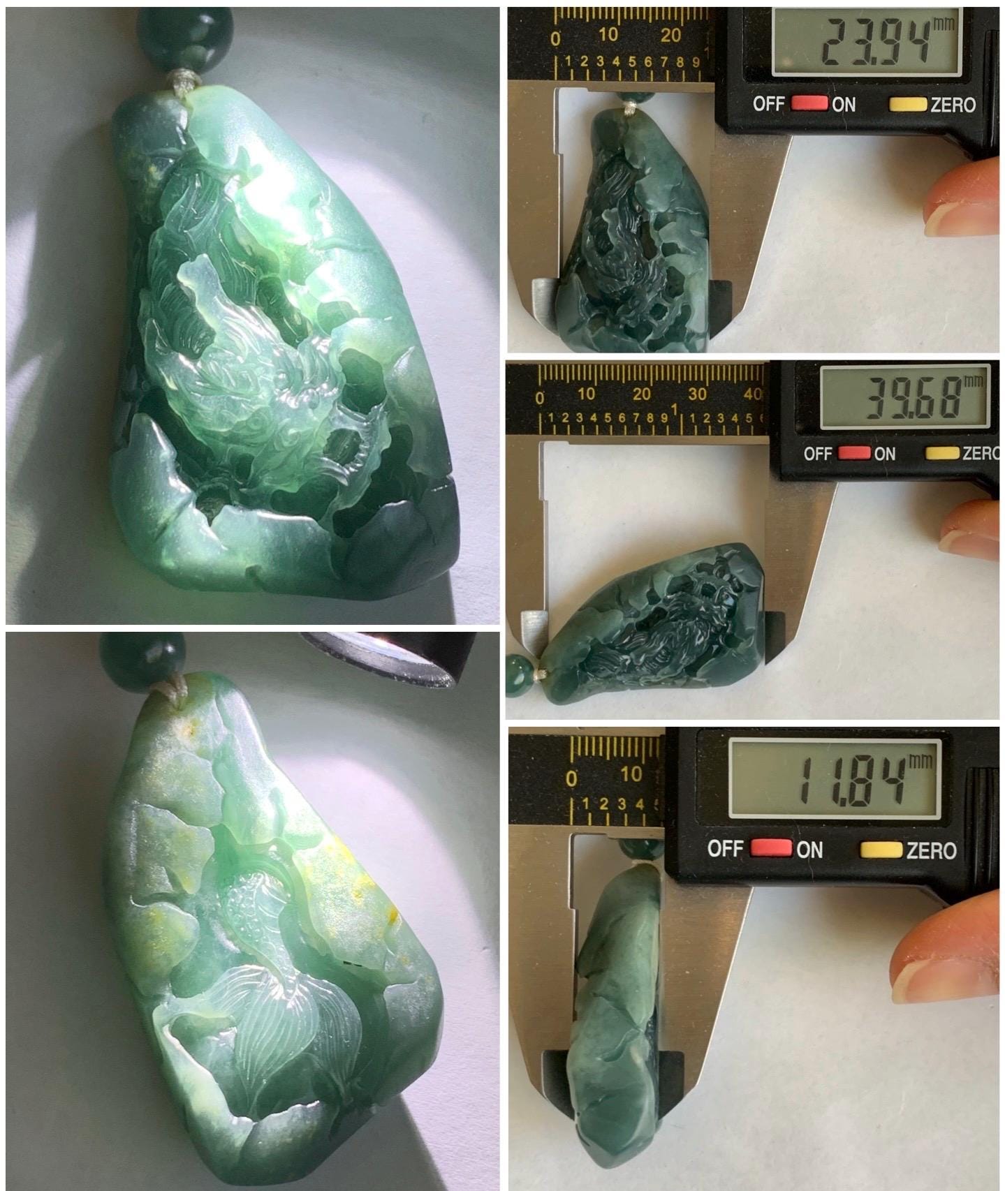 Stunning Natural Guatemalan Icy Translucent Teal Blue Jadeite Carved Dragon Double Sided Pendant Rope Necklace 27" 22g 天然冰危蓝翡翠精工龙牌双面雕双抛吊坠