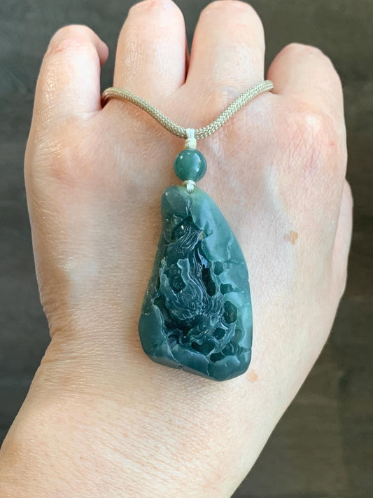 Stunning Natural Guatemalan Icy Translucent Teal Blue Jadeite Carved Dragon Double Sided Pendant Rope Necklace 27" 22g 天然冰危蓝翡翠精工龙牌双面雕双抛吊坠