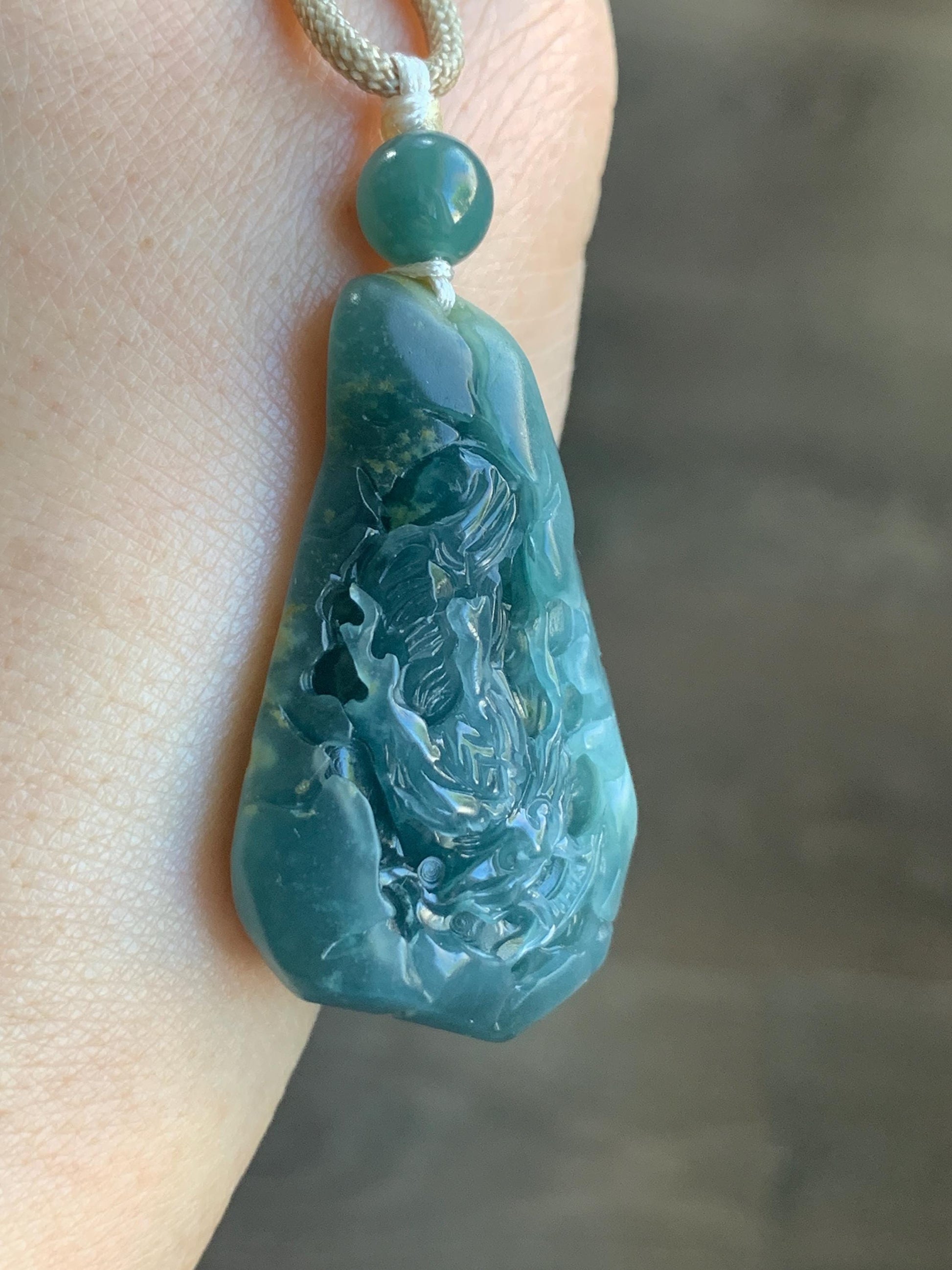 Stunning Natural Guatemalan Icy Translucent Teal Blue Jadeite Carved Dragon Double Sided Pendant Rope Necklace 27" 22g 天然冰危蓝翡翠精工龙牌双面雕双抛吊坠