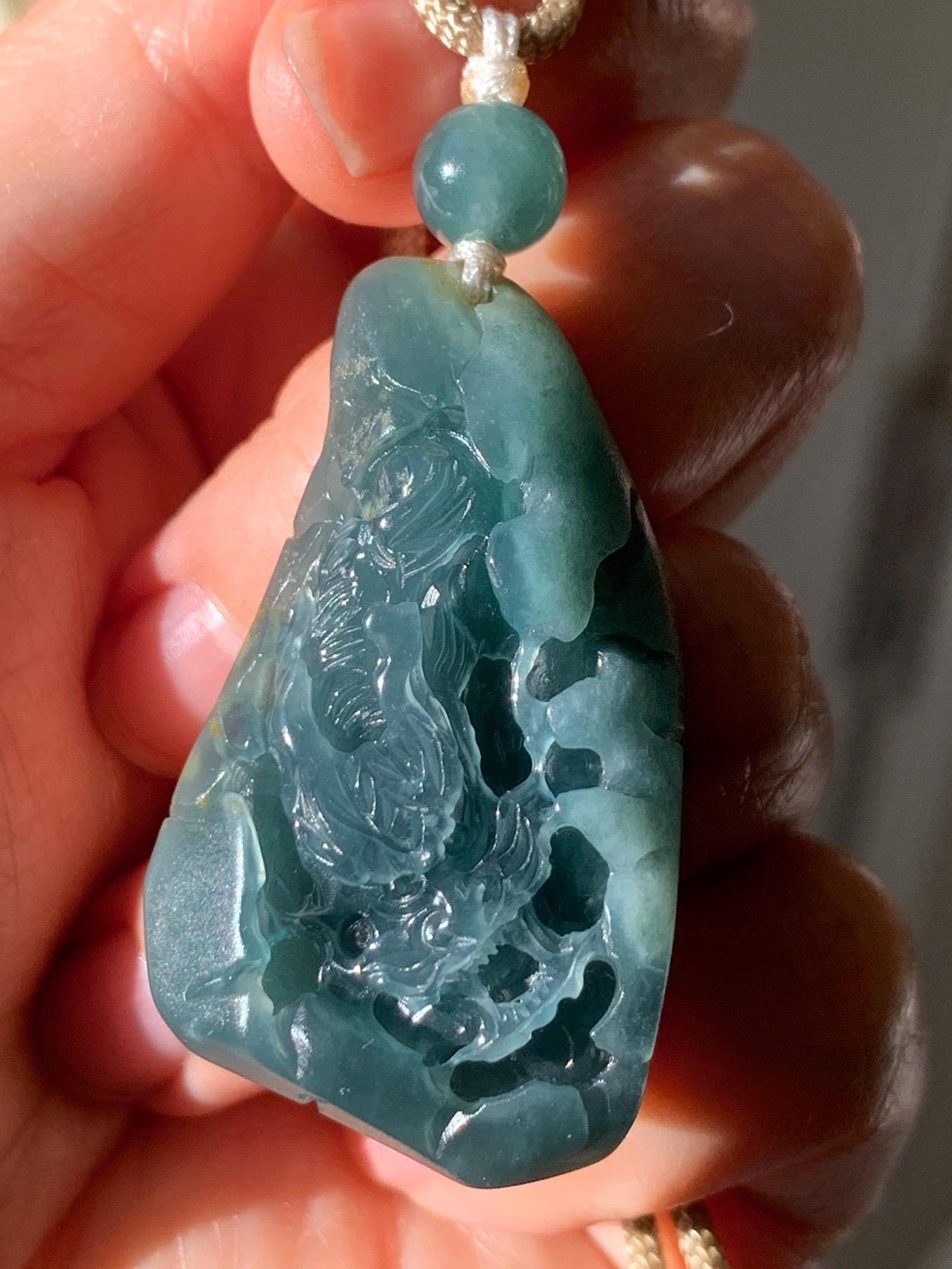 Stunning Natural Guatemalan Icy Translucent Teal Blue Jadeite Carved Dragon Double Sided Pendant Rope Necklace 27" 22g 天然冰危蓝翡翠精工龙牌双面雕双抛吊坠