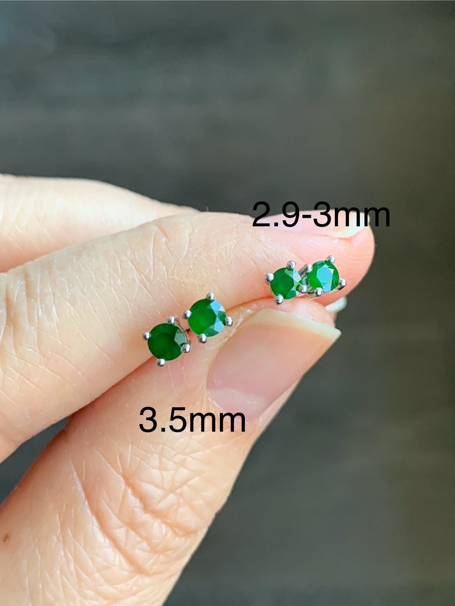 Certified Natural Guatemalan Icy Translucent Vibrant Green Jadeite Faceted Petite Stud Earrings Sterling Silver 2.9mm or 3.5mm 天然冰危绿翡翠钻石银镶耳钉