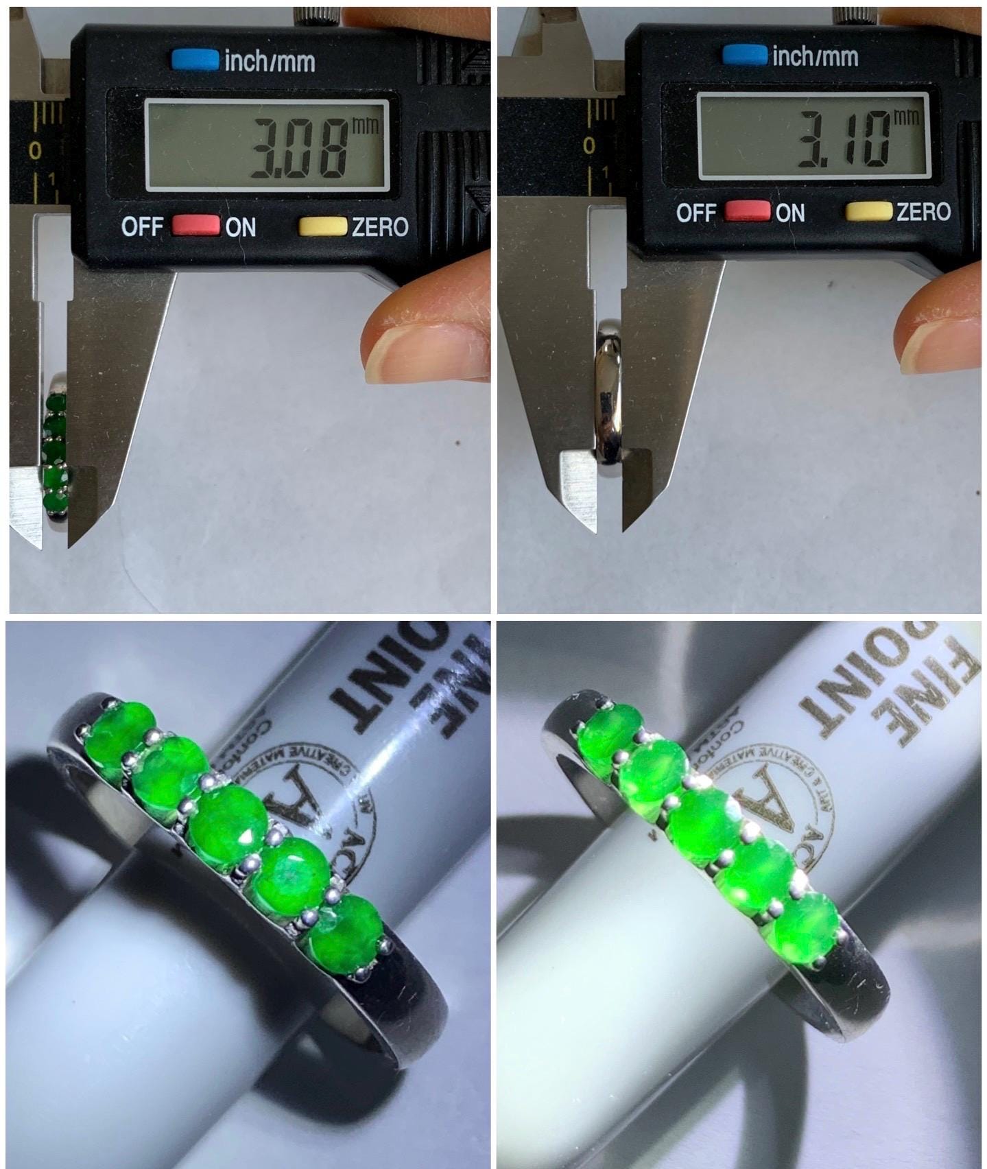 Certified Natural Guatemalan Icy Translucent Vibrant Green 5-Stone Jadeite Diamond Faceted Band Ring Size 7.25 Sterling Silver 天然冰危绿钻石翡翠镶嵌排戒