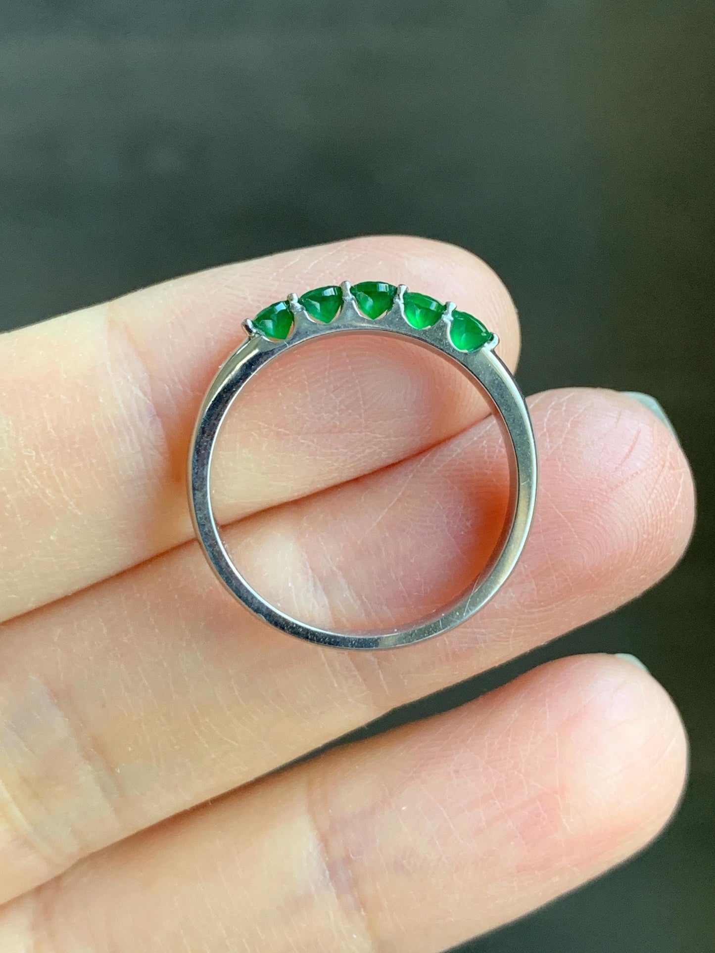 Certified Natural Guatemalan Icy Translucent Vibrant Green 5-Stone Jadeite Diamond Faceted Band Ring Size 7.25 Sterling Silver 天然冰危绿钻石翡翠镶嵌排戒