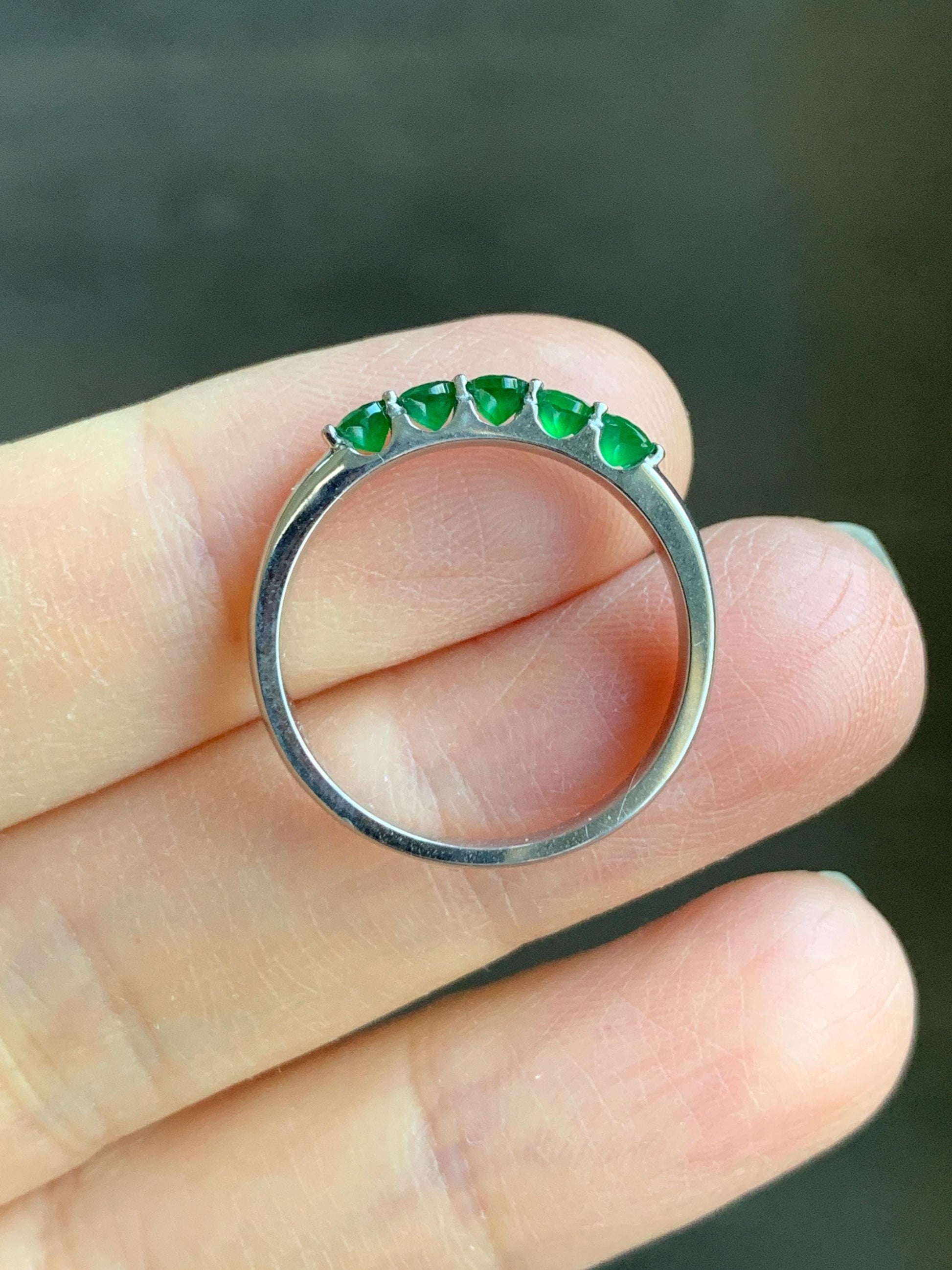 Certified Natural Guatemalan Icy Translucent Vibrant Green 5-Stone Jadeite Diamond Faceted Band Ring Size 7.25 Sterling Silver 天然冰危绿钻石翡翠镶嵌排戒