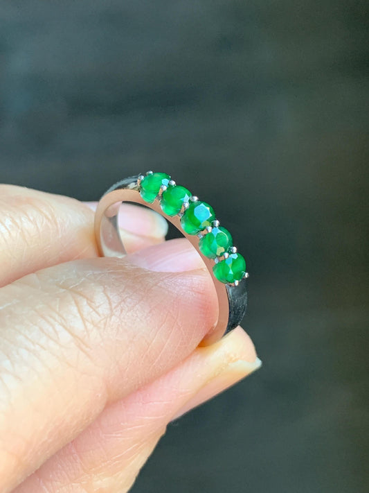 Certified Natural Guatemalan Icy Translucent Vibrant Green 5-Stone Jadeite Diamond Faceted Band Ring Size 7.25 Sterling Silver 天然冰危绿钻石翡翠镶嵌排戒