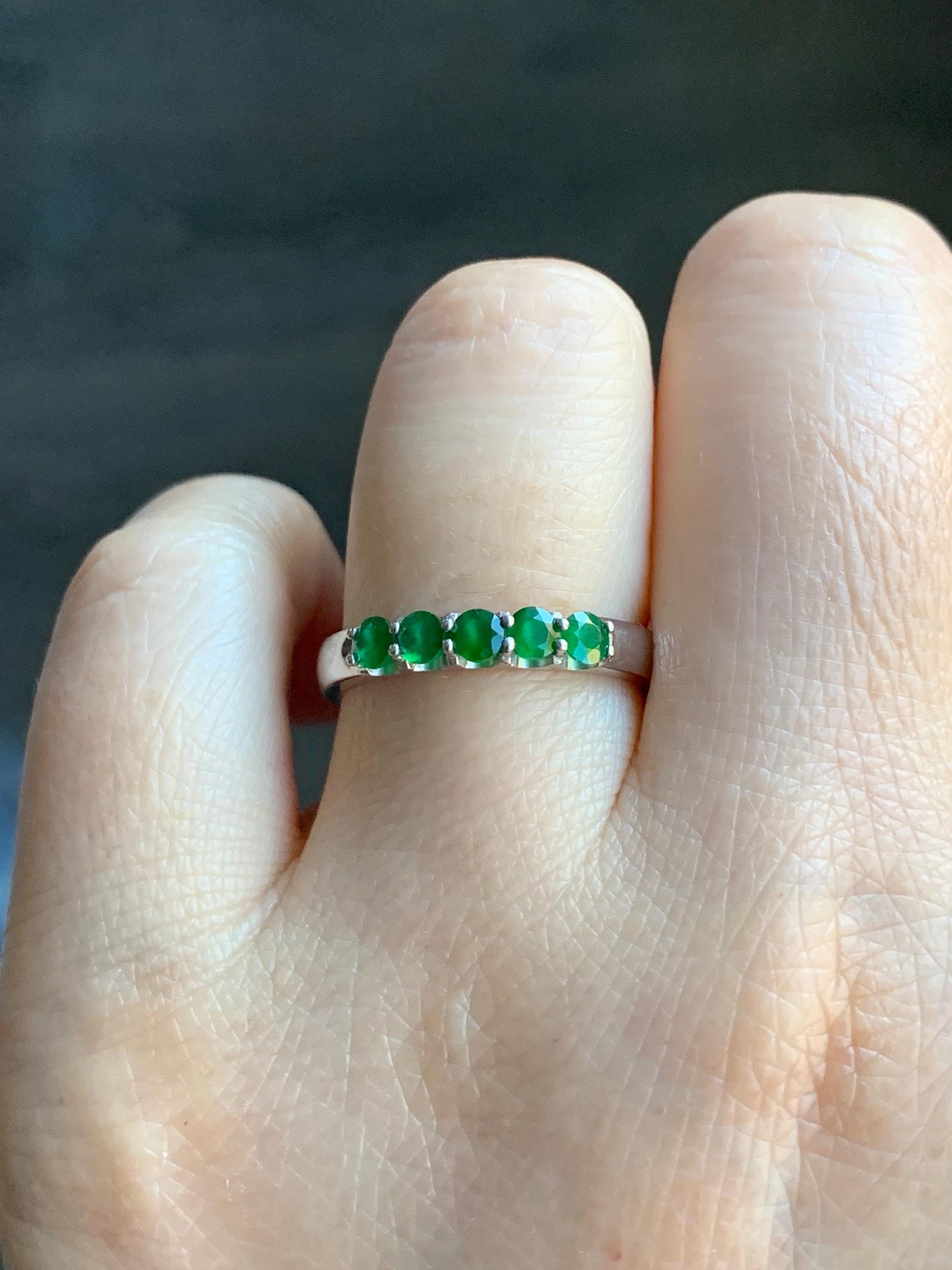 Certified Natural Guatemalan Icy Translucent Vibrant Green 5-Stone Jadeite Diamond Faceted Band Ring Size 7.25 Sterling Silver 天然冰危绿钻石翡翠镶嵌排戒
