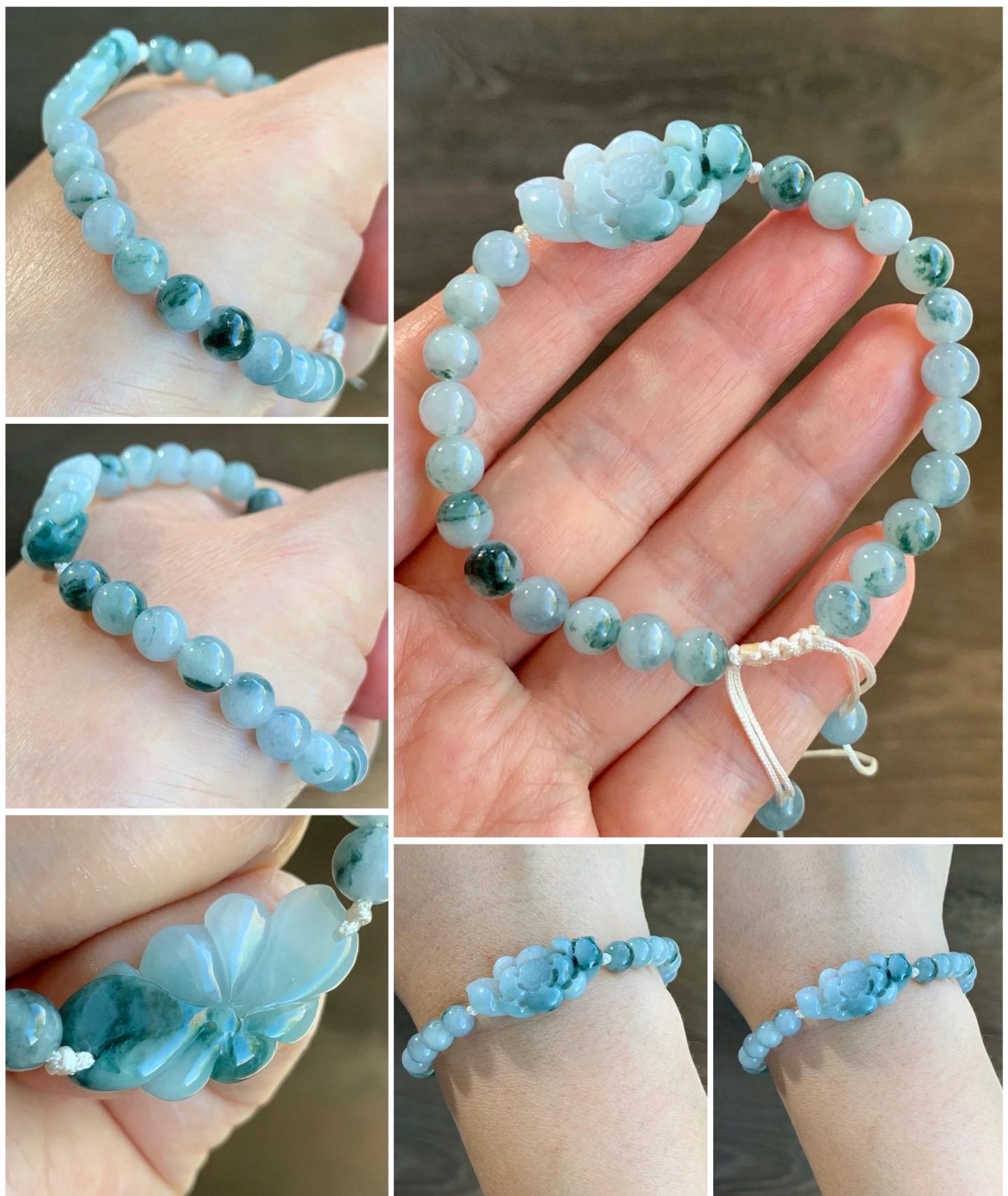 Certified Natural Burmese Icy Translucent Teal Green Marbled Jadeite Lotus Flower Guatemalan Jadeite Beaded Bracelet 6.75” 天然缅甸冰飘花翡翠莲花圆珠手串