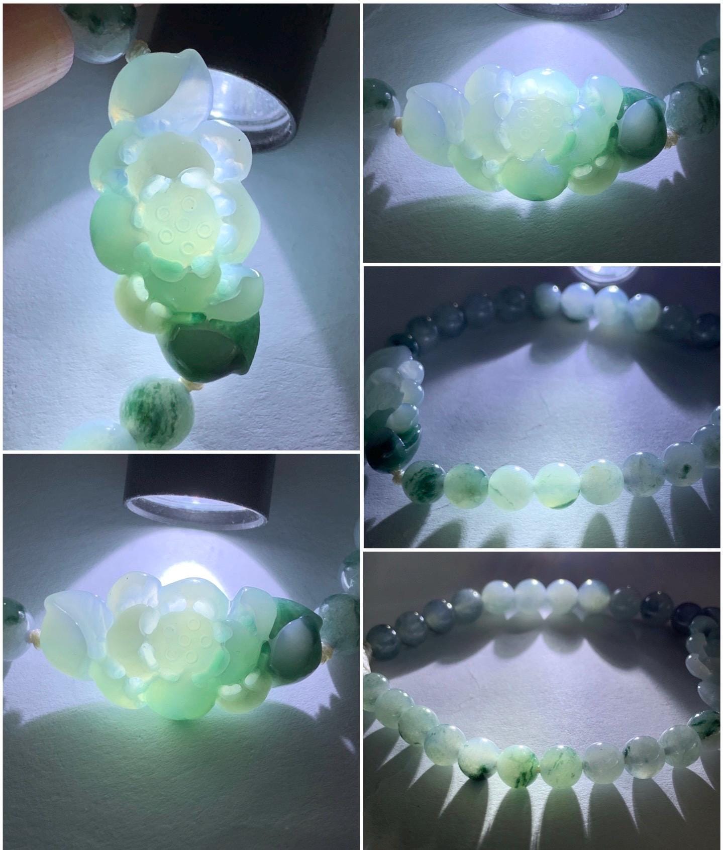 Certified Natural Burmese Icy Translucent Teal Green Marbled Jadeite Lotus Flower Guatemalan Jadeite Beaded Bracelet 6.75” 天然缅甸冰飘花翡翠莲花圆珠手串