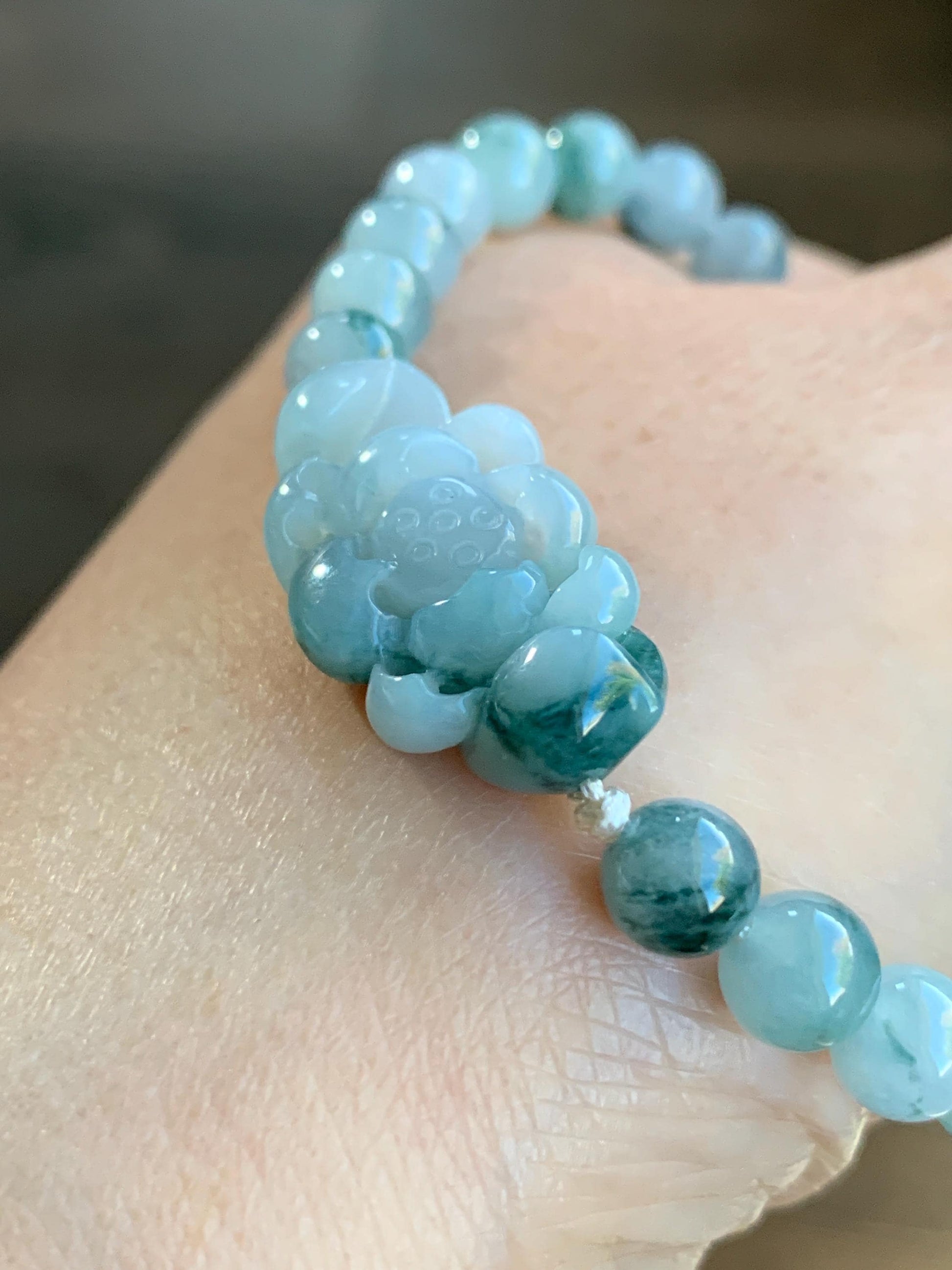 Certified Natural Burmese Icy Translucent Teal Green Marbled Jadeite Lotus Flower Guatemalan Jadeite Beaded Bracelet 6.75” 天然缅甸冰飘花翡翠莲花圆珠手串