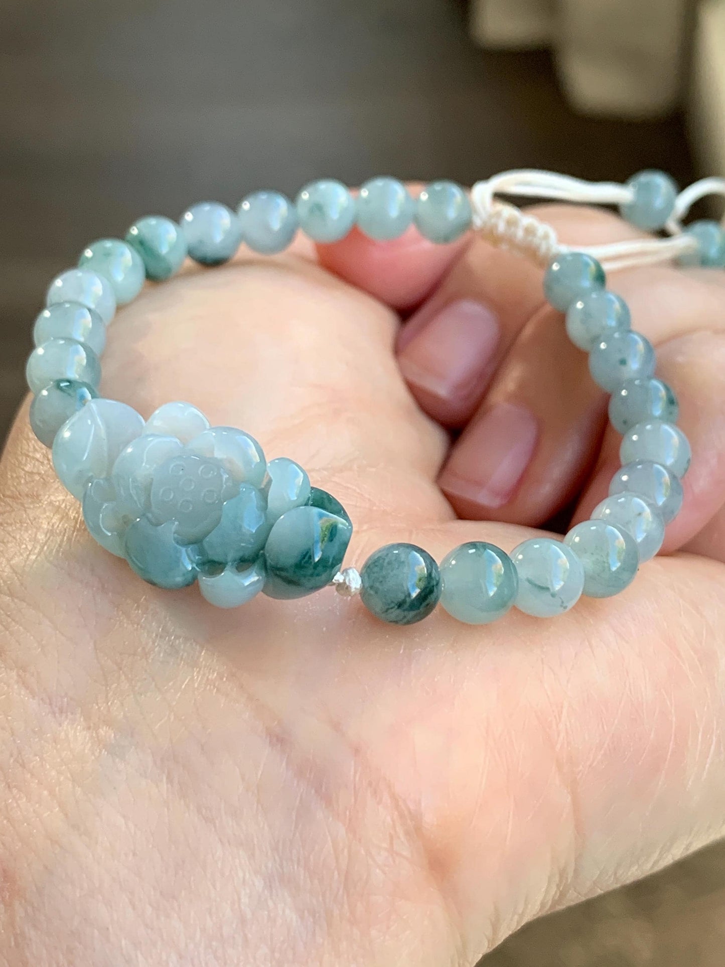Certified Natural Burmese Icy Translucent Teal Green Marbled Jadeite Lotus Flower Guatemalan Jadeite Beaded Bracelet 6.75” 天然缅甸冰飘花翡翠莲花圆珠手串