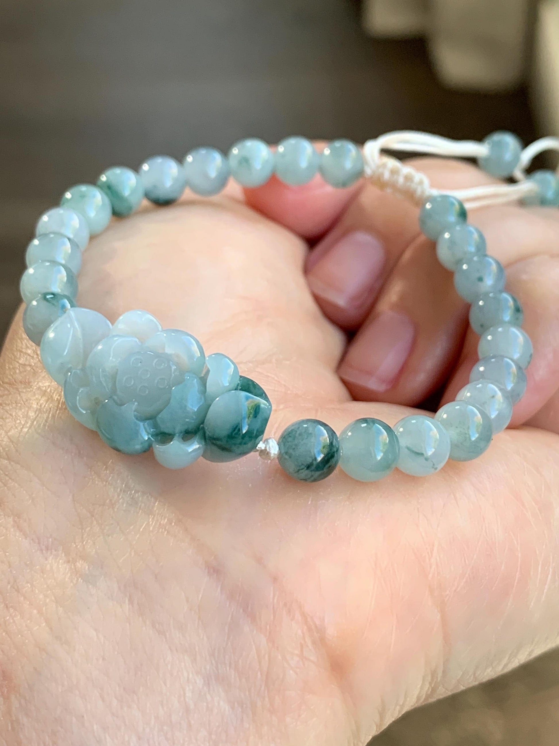 Certified Natural Burmese Icy Translucent Teal Green Marbled Jadeite Lotus Flower Guatemalan Jadeite Beaded Bracelet 6.75” 天然缅甸冰飘花翡翠莲花圆珠手串